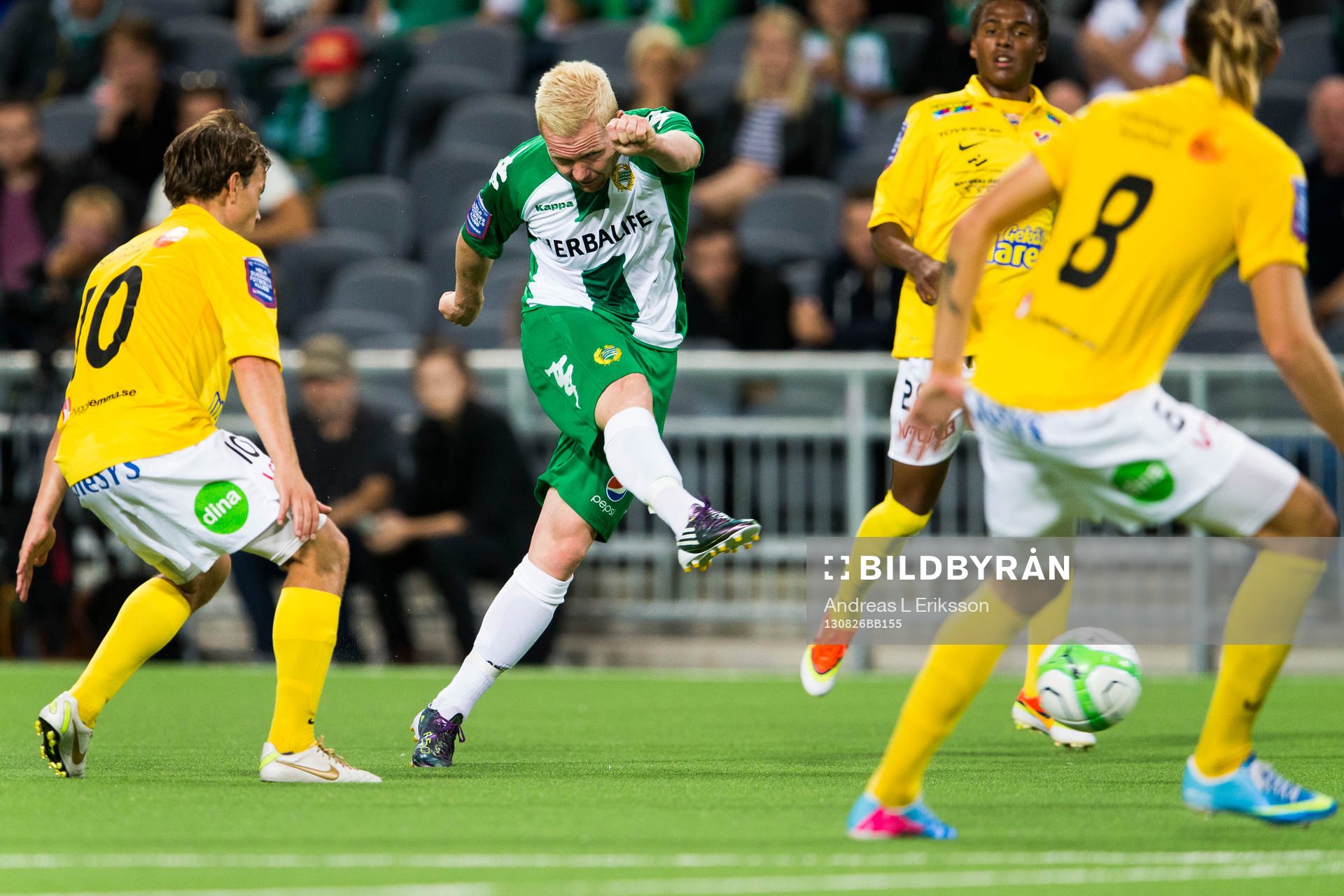 Hammarbys Mattias Adelstam med skott under fotbollsmatchen i Superettan mellan Hammarby och Falkenberg den 26 augusti 2013 i Stockholm.