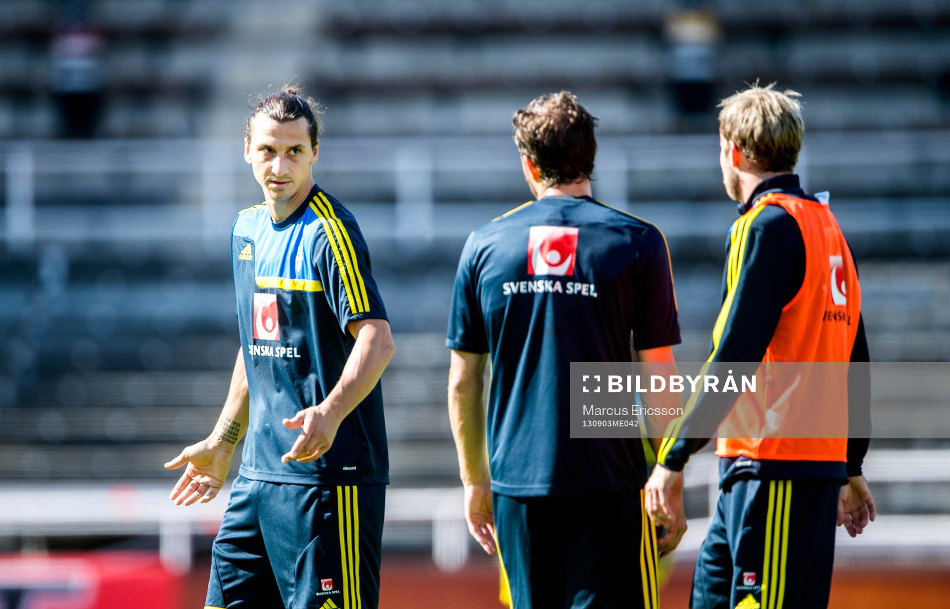 Sveriges Zlatan Ibrahimovic pratar med Johan Elmander