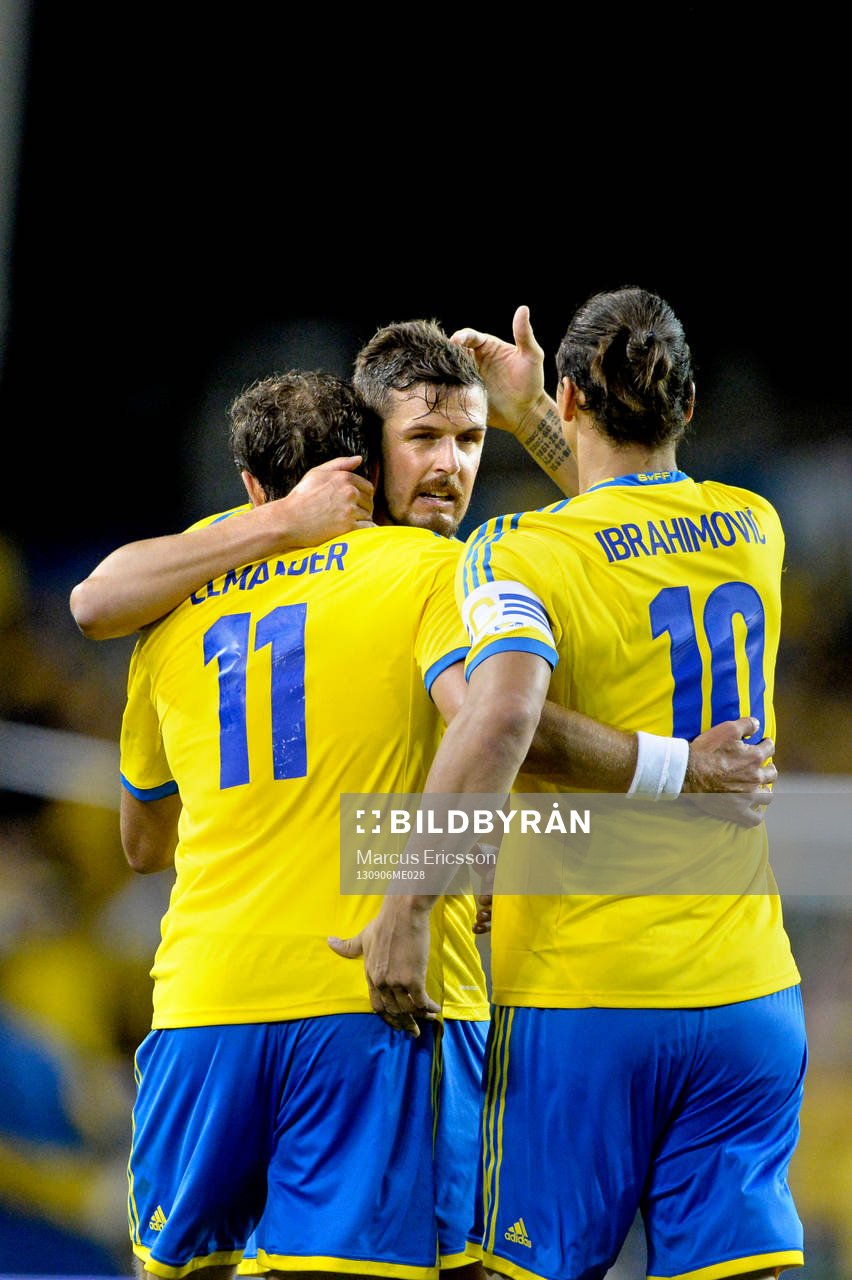 Sverige jublar efter 1-1 av Johan Elmander under fotbolls VM-kval matchen mellan Irland och Sverige den 6 september 2013. 