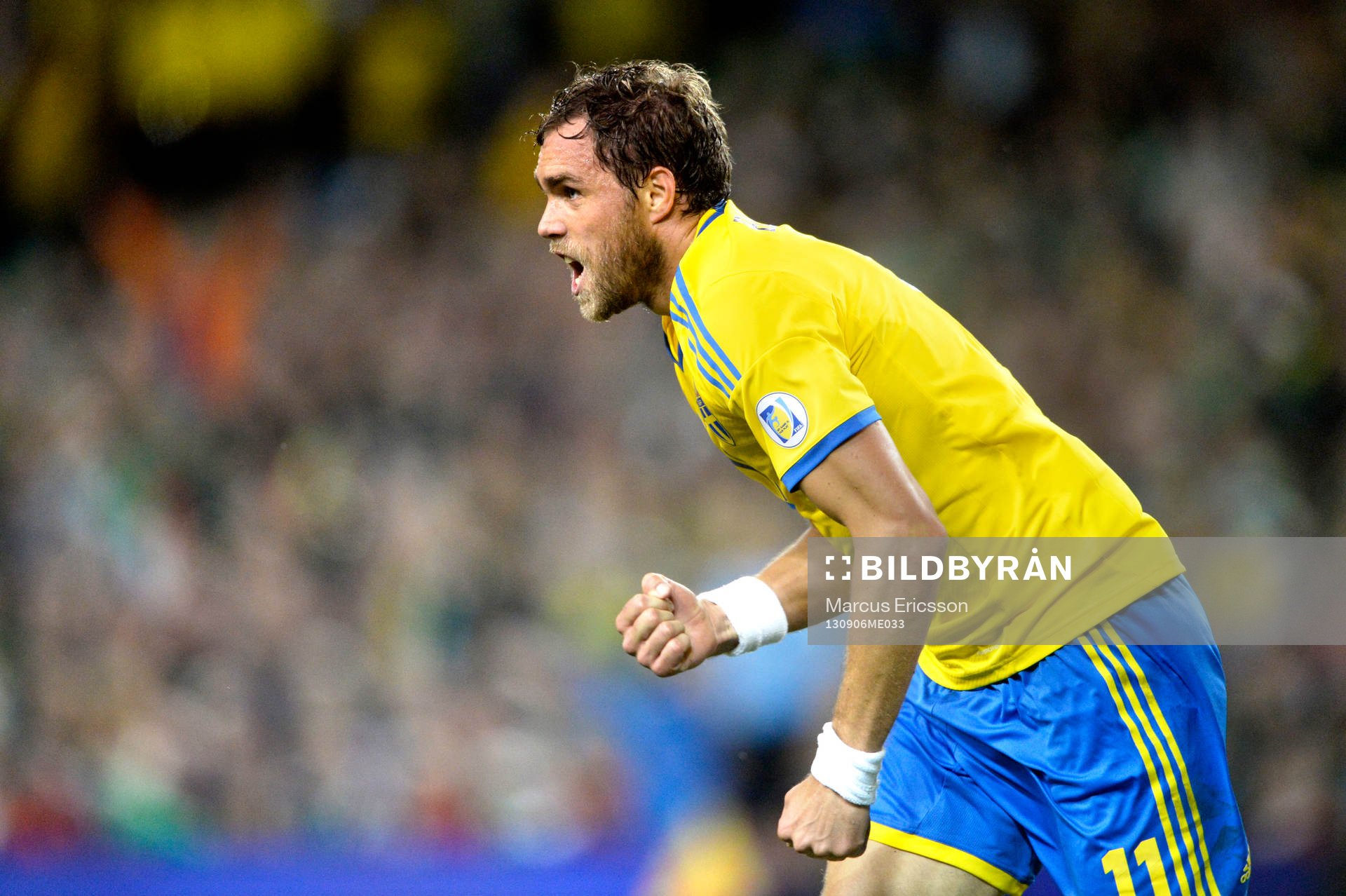 Sverige Johan Elmander jublar efter att ha gjort 1-1 i fotbolls VM-kval matchen mellan Irland och Sverige den 6 september 2013. 