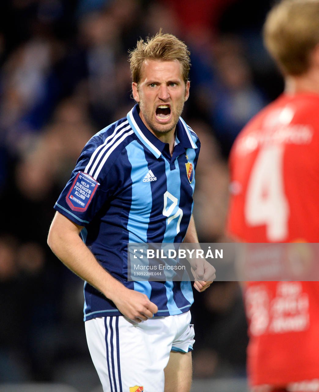 Djurgårdens Peter Nymann Mikkelsen jublar efter sitt 2-0 under fotbollsmatchen mellan Djurgården och Åtvidaberg i Allsvenskan den 22 september 2013 i Stockholm.