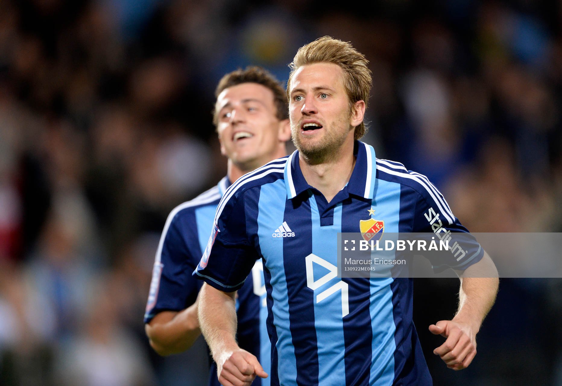 Djurgårdens Peter Nymann Mikkelsen jublar efter sitt 2-0 under fotbollsmatchen mellan Djurgården och Åtvidaberg i Allsvenskan den 22 september 2013 i Stockholm.