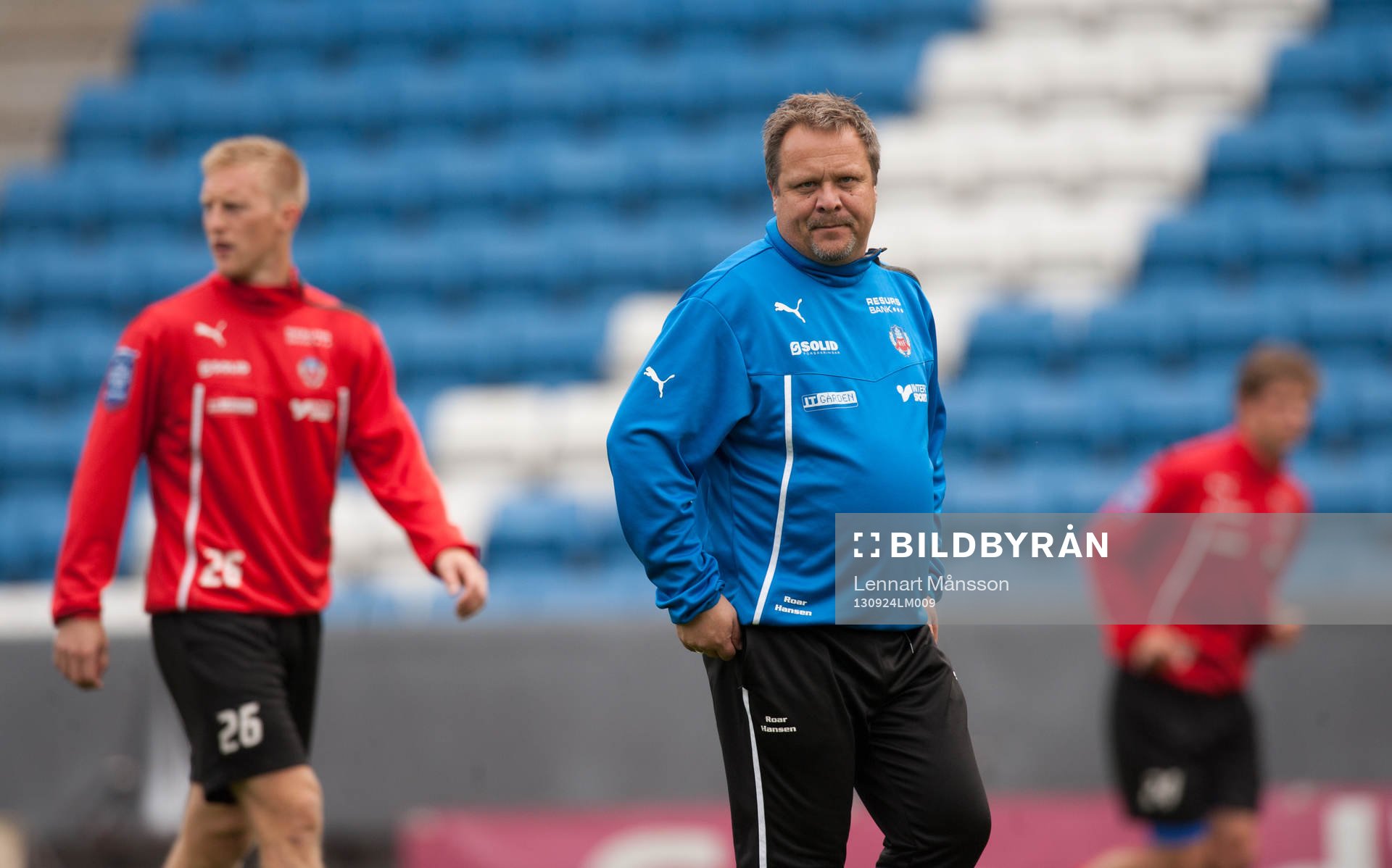 Fotboll, Helsingborg, träning inför derbyt: Roar Hansen, tränare och Peter Larsson