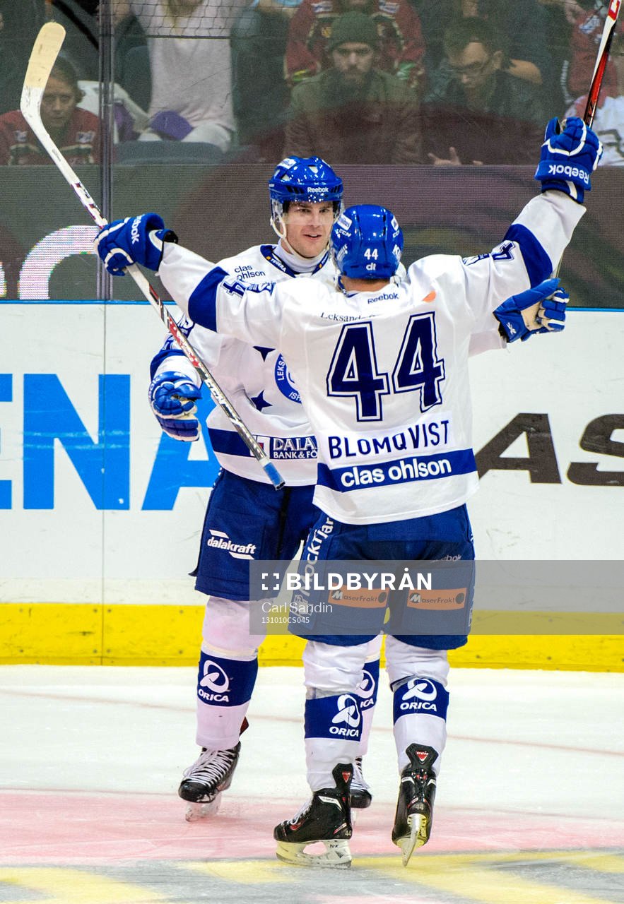 Leksands Patrik Hersley och Jacob Blomqvist jublar