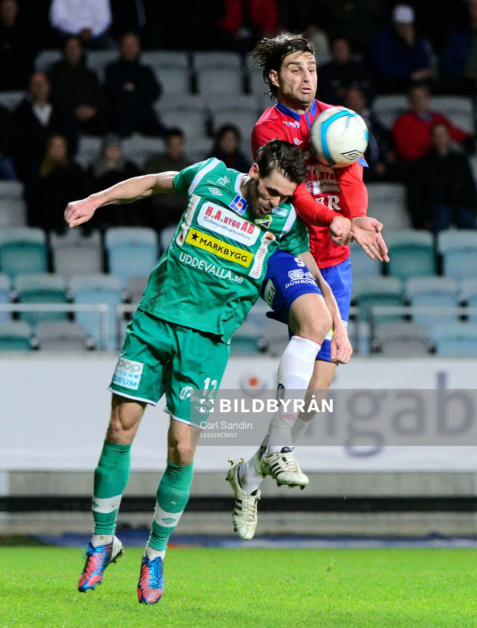 Ljungskiles Nuri Mustafi och Örgrytes George Mourad under fotbollsmatchen i Superettan mellan Örgryte och Ljungskile den 29 oktober 2013 i Göteborg.
