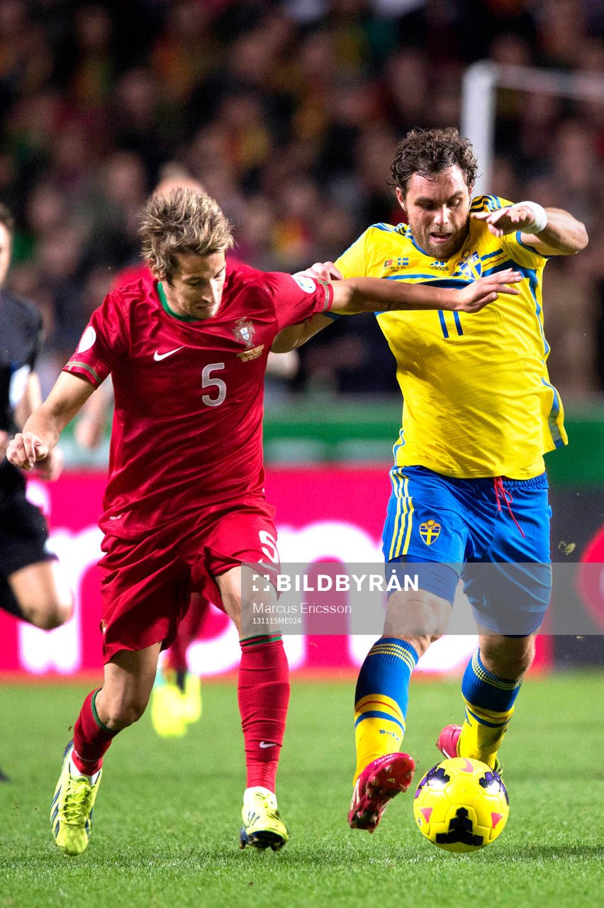 Sveriges Johan Elmander jagas av Portugals Fabio Coentrâo