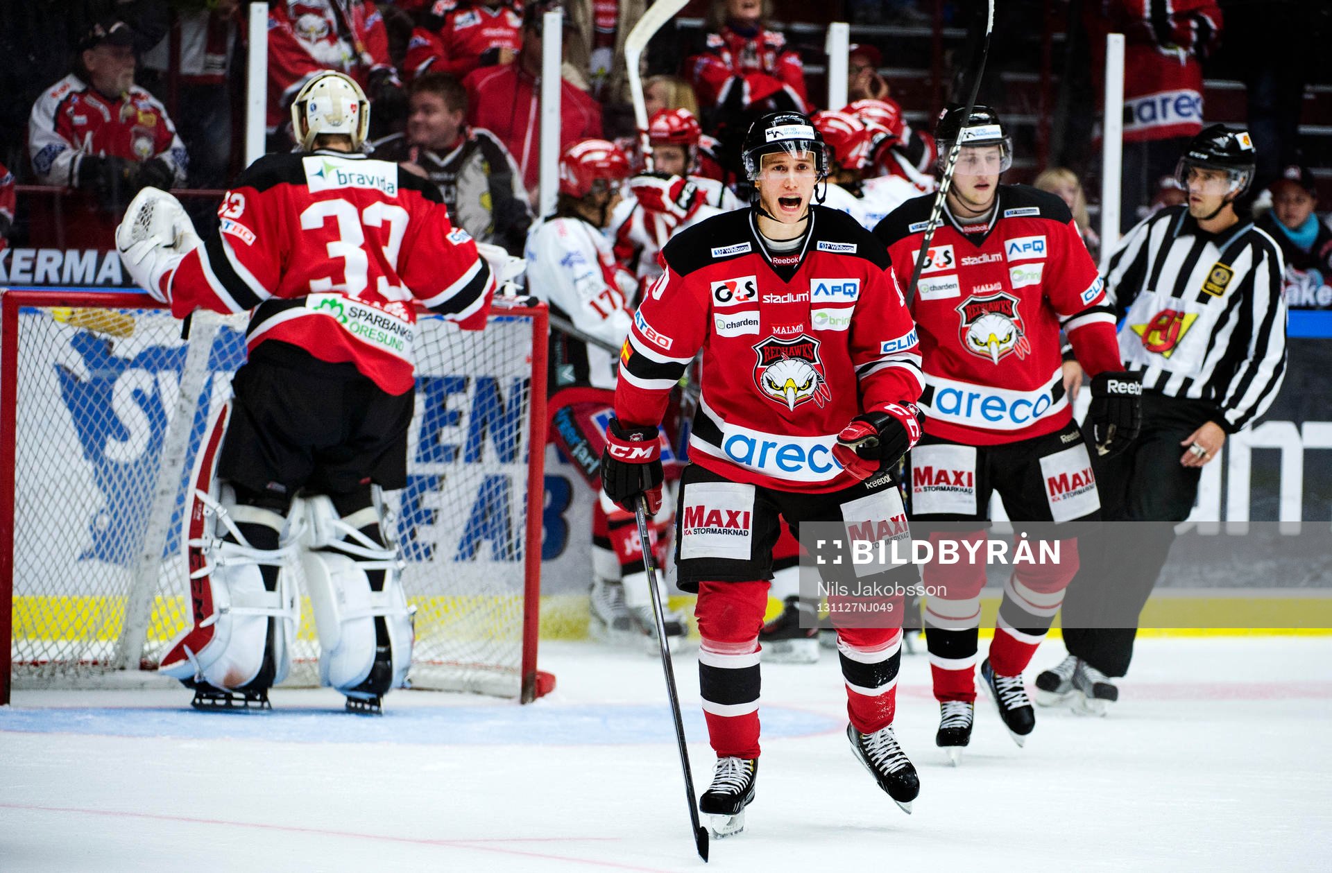 Malmö Redhawks Robin Alvarez skriker på sina lagkamrater