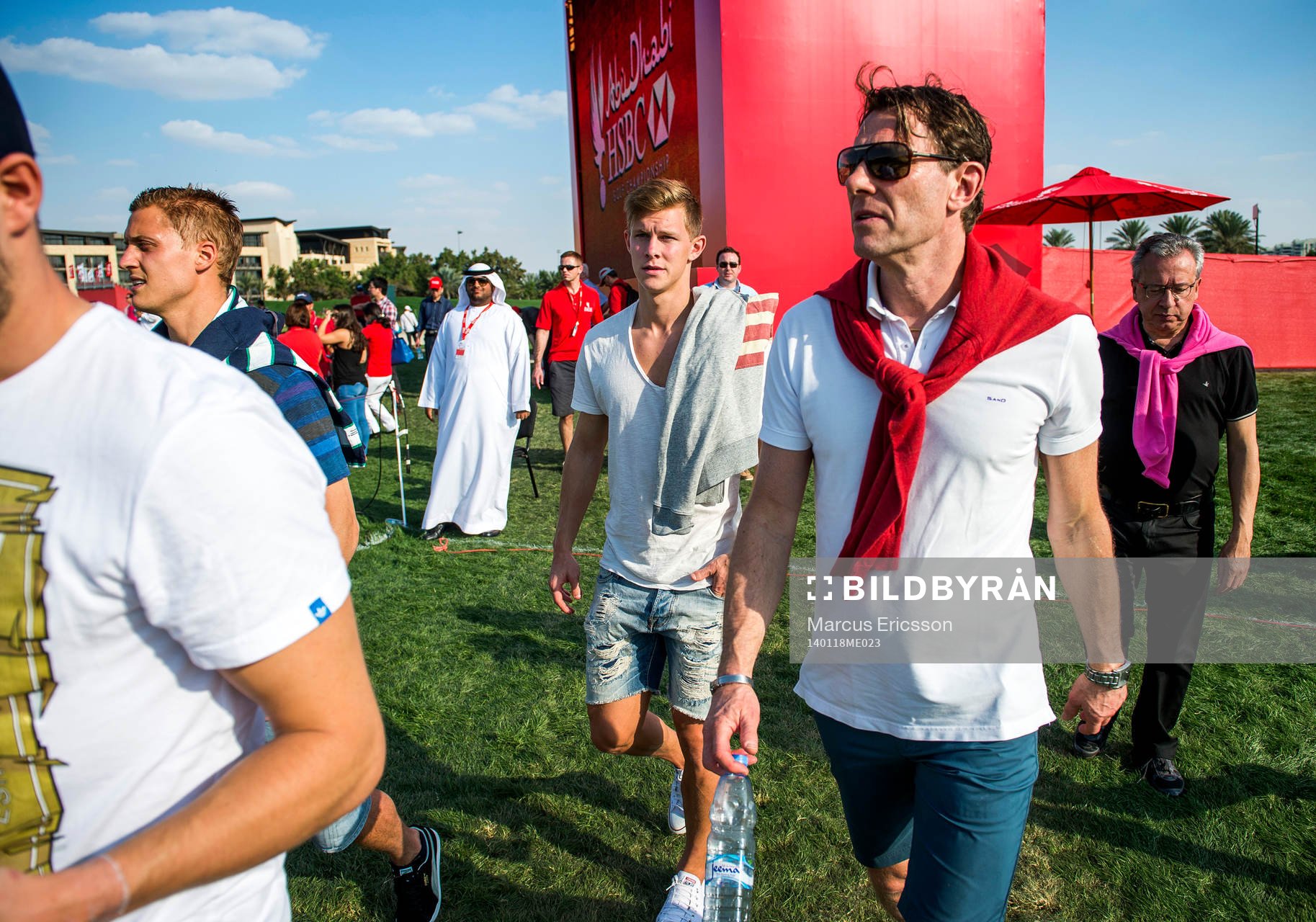 Sveriges Pär Hansson, Emil Krafth, U21 förbundskapten Håkan Ericson och Kenneth Håkansson från förbundsstyrelsen gör ett besök på Abu Dhabi Golf Club European Tour under januariturnén den 18 januari 2014 i Abu Dhabi.