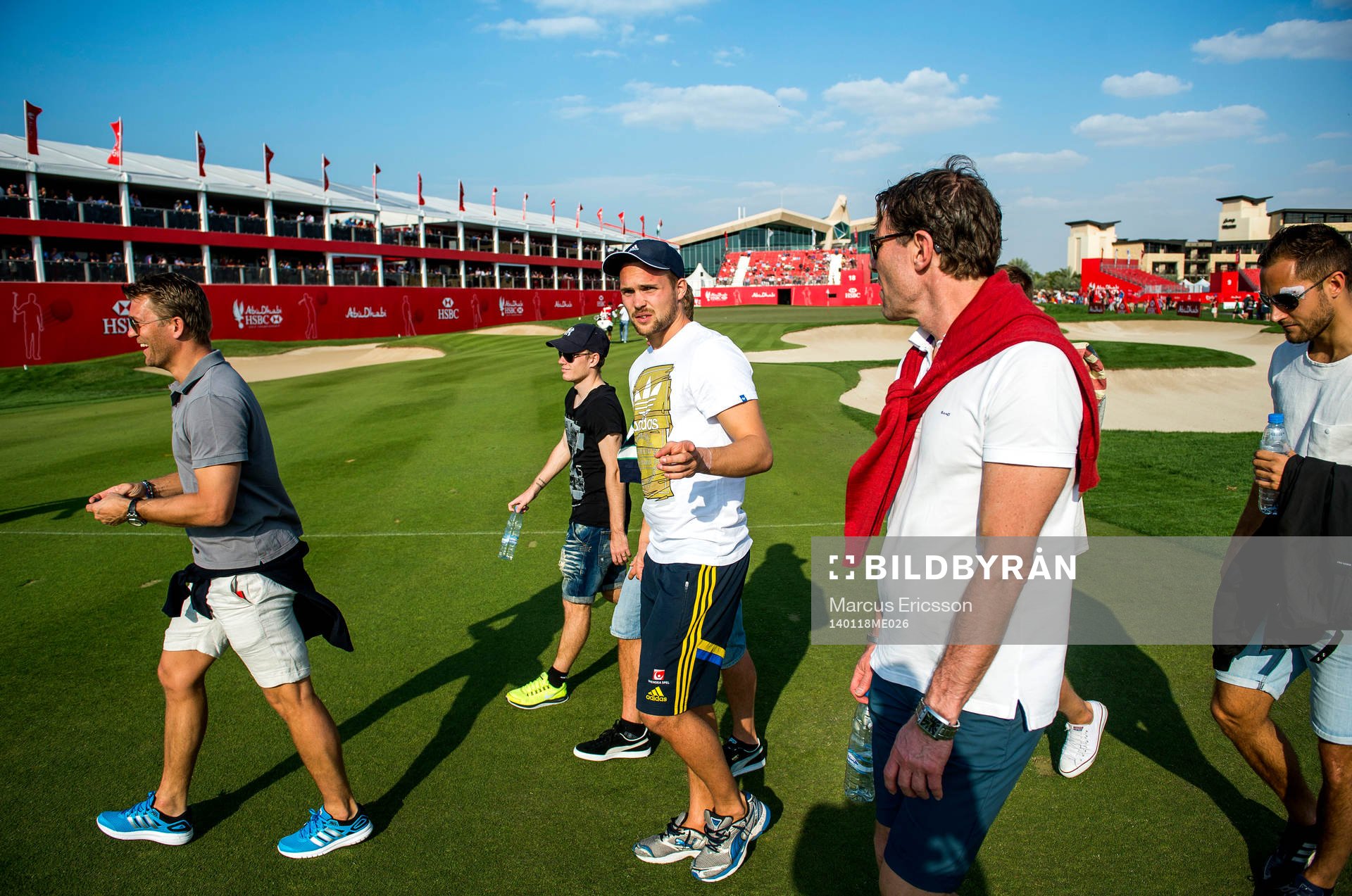 Sveriges players manager Marcus Allbäck, Oscar Lewicki, Oscar Jansson, U21 förbundskapten Håkan Ericson och Niklas Backman gör ett besök på Abu Dhabi Golf Club European Tour under januariturnén den 18 januari 2014 i Abu Dhabi.