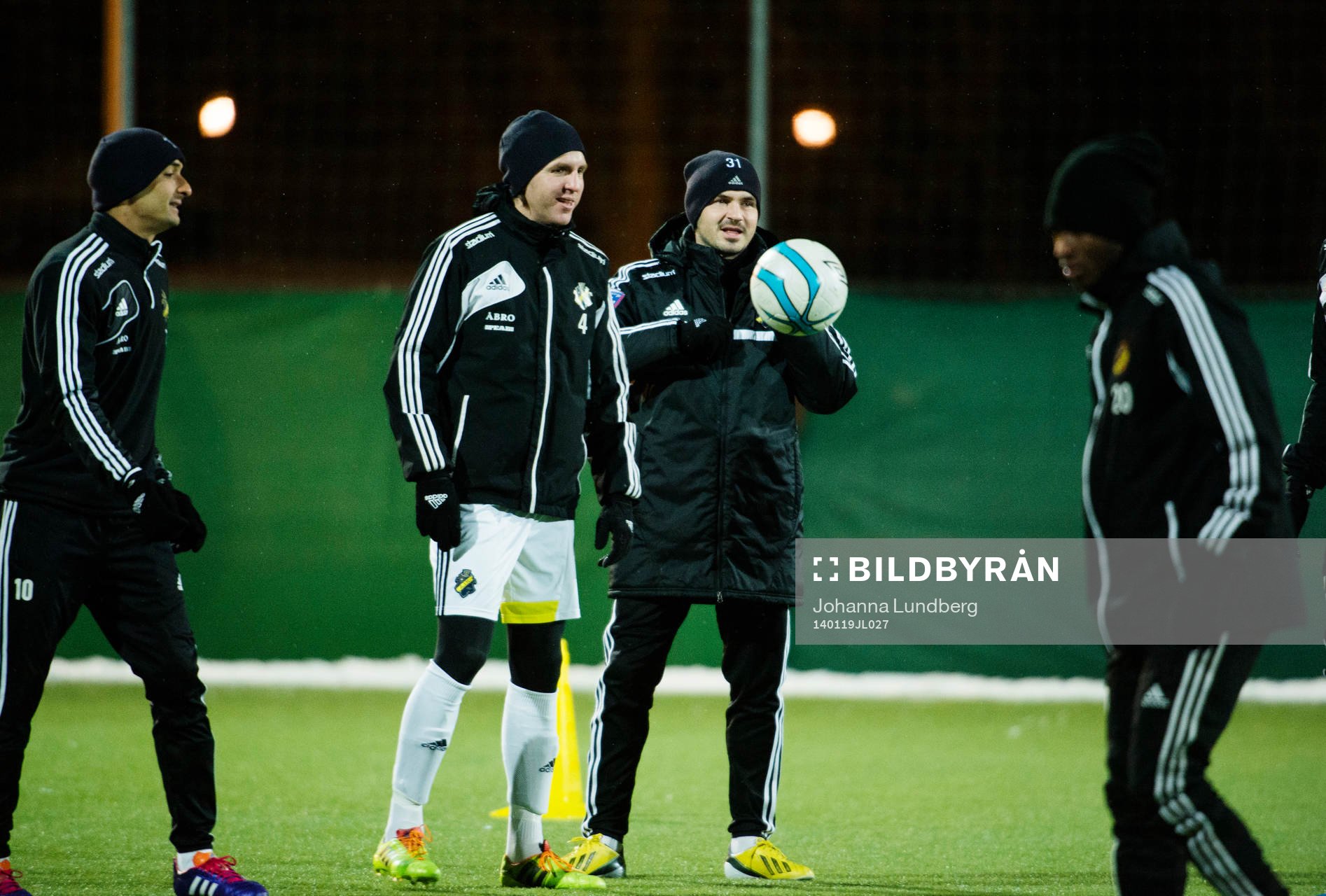 AIKs Celso Borges, Nils-Eric Johansson Bojan Djordjic värmer upp inför en träningsmatch i fotboll mellan Vasalund och AIK den 19 januari 20134 i Stockholm.