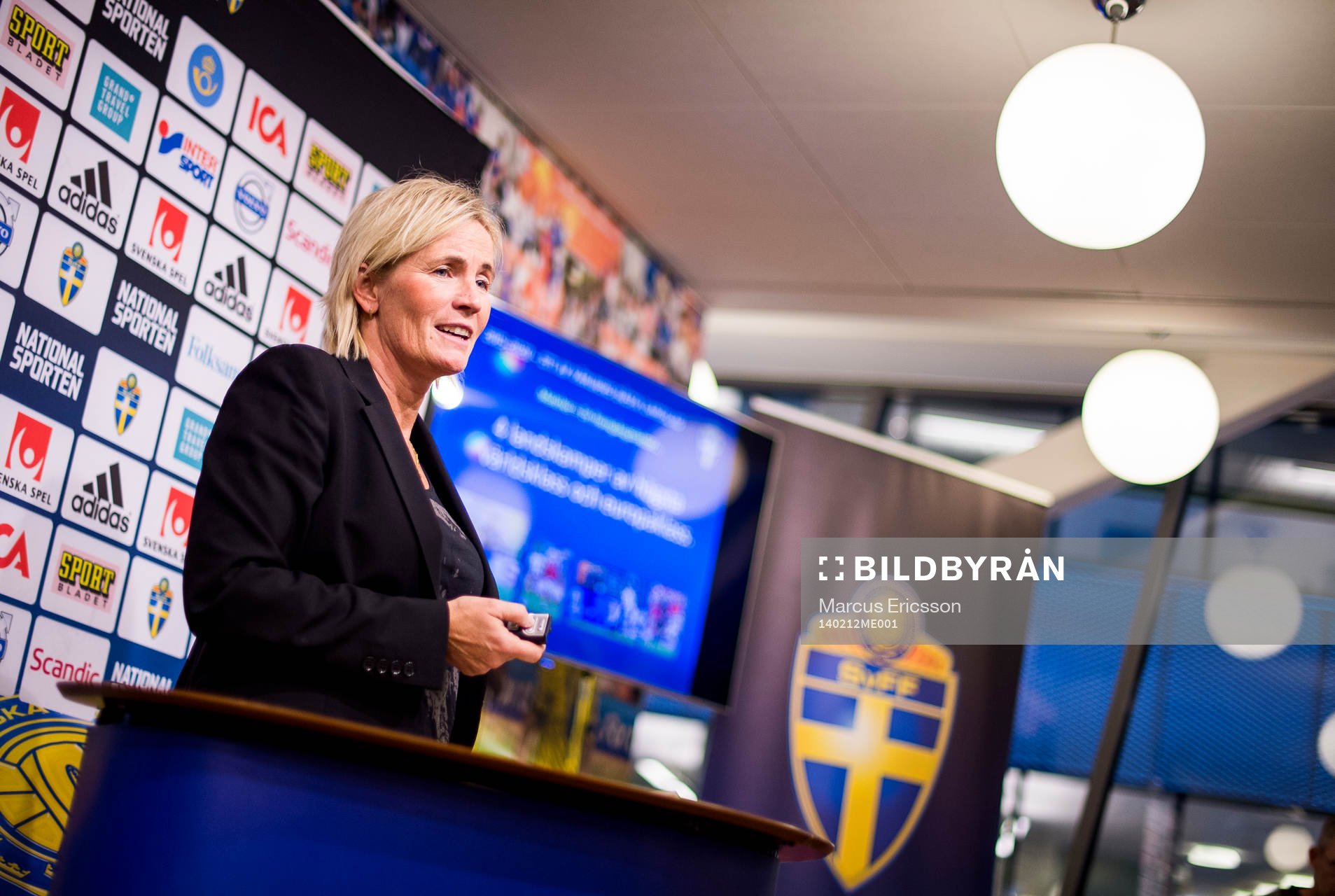Damlandslagets assisterande förbundskapten Lilie Persson presenterar truppen till Algarve Cup den 12 februari 2014 i Stockholm.