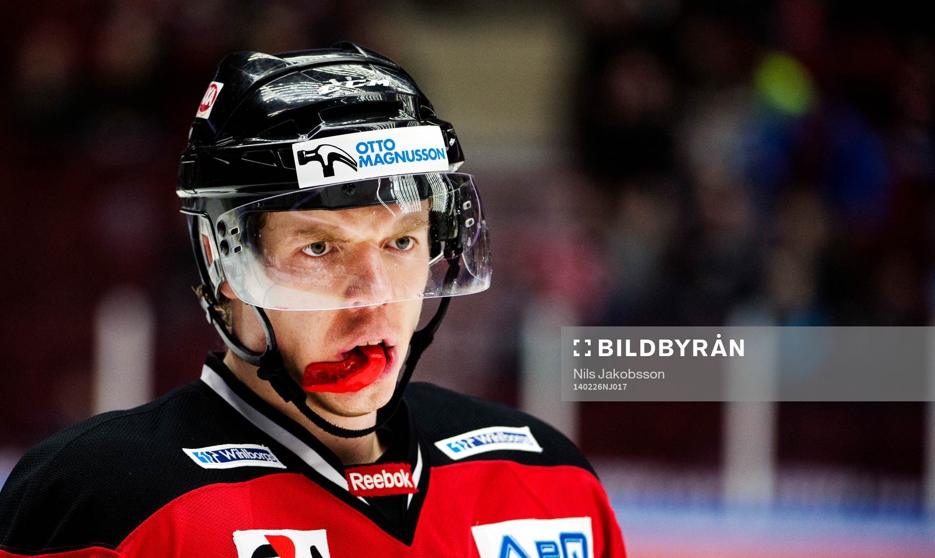 Malmö Redhawks Anton Blomkvist biter på sitt tandskydd