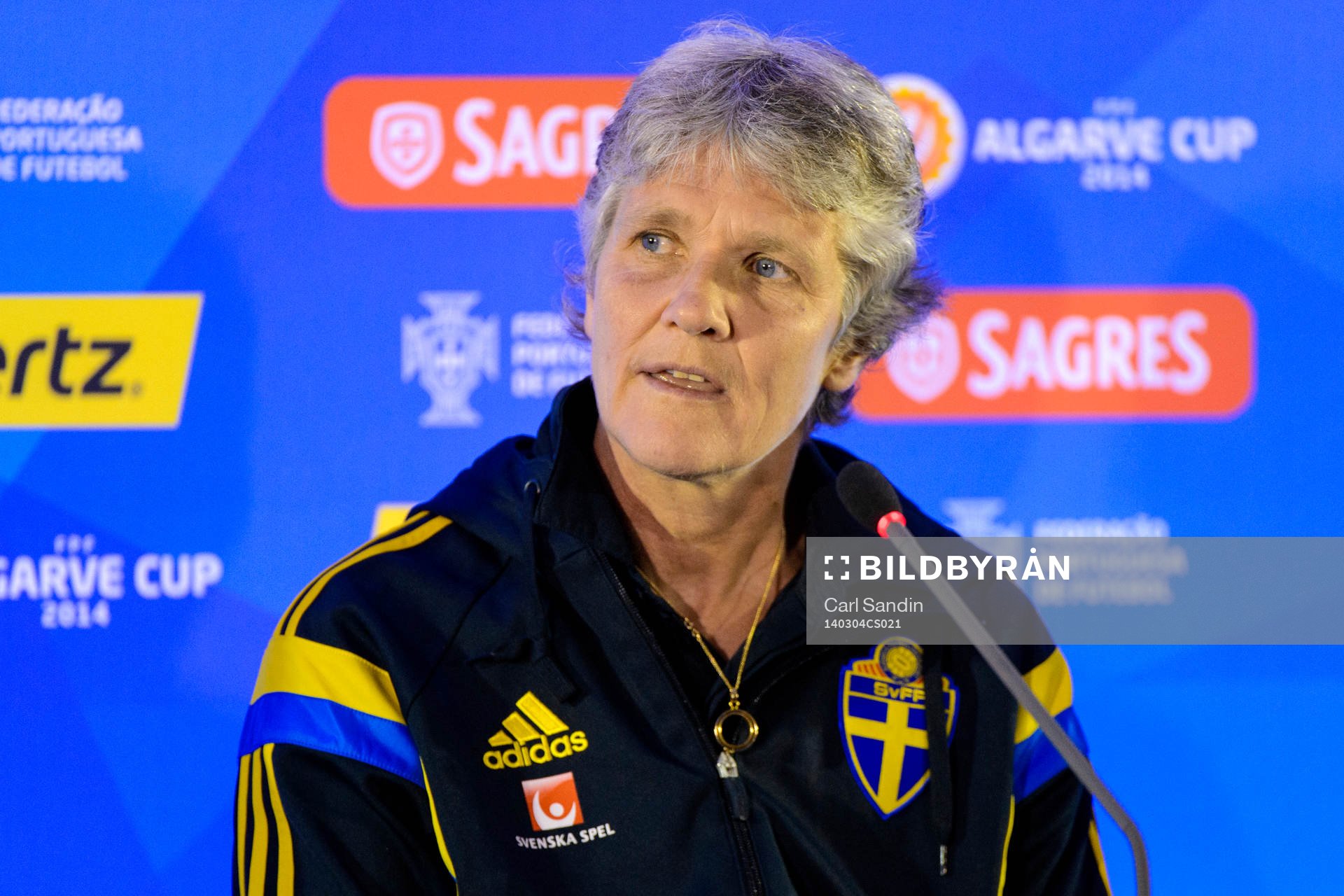 Pia Sundhage, förbundskapten Sverige, på en presskonferens