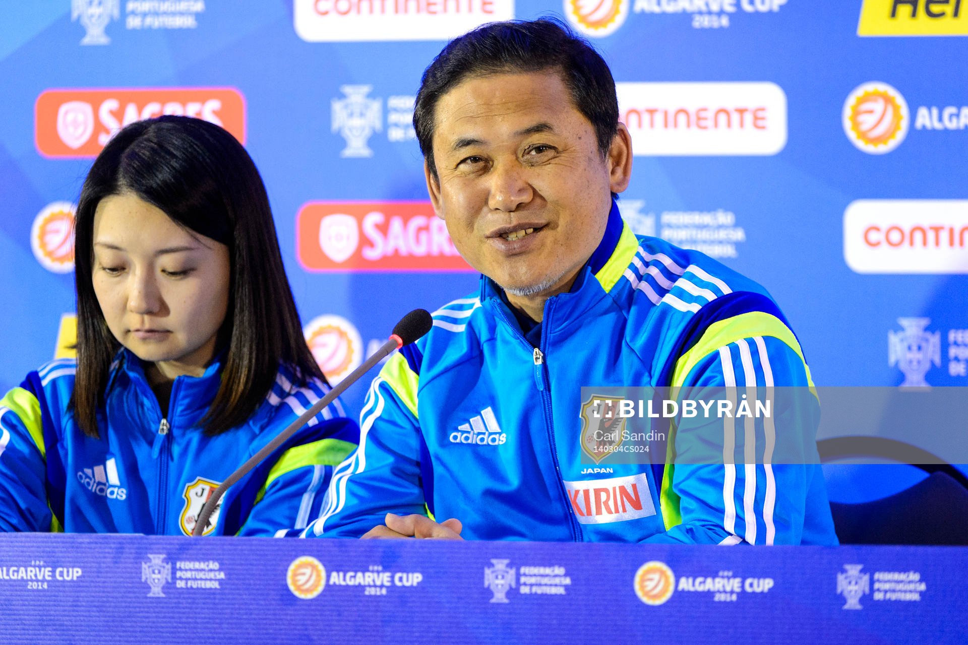 Nario Sasaki, förbundskapten Japan, på en presskonferens under Algarve Cup den 4 februari 2014.