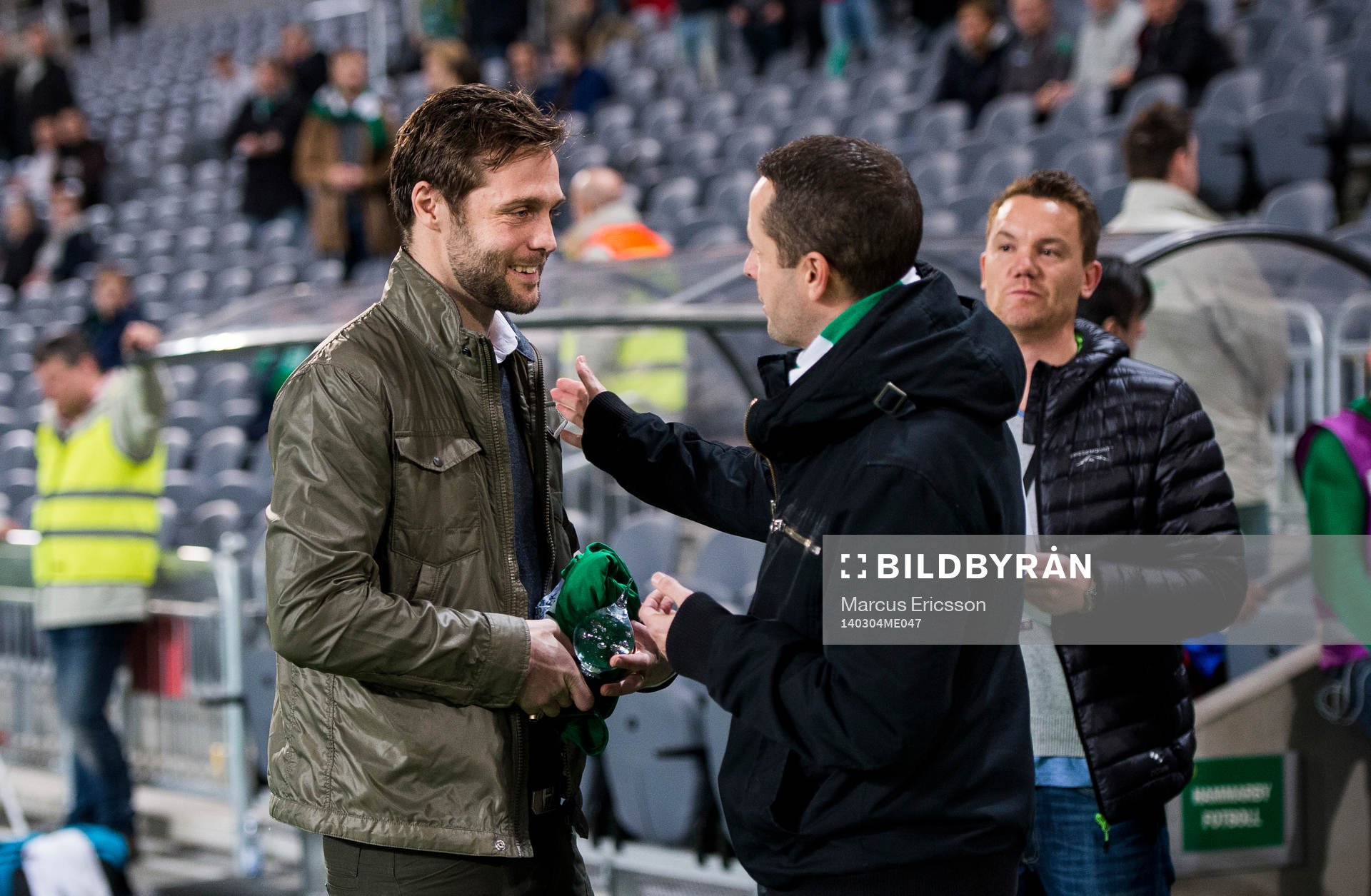 Hammarbys Max von Schleebrügge tackas av och firas innan fotbollsmatchen mellan Hammarby och Ängelholm i Svenska Cupen den 4 mars 2014 i Stockholm.