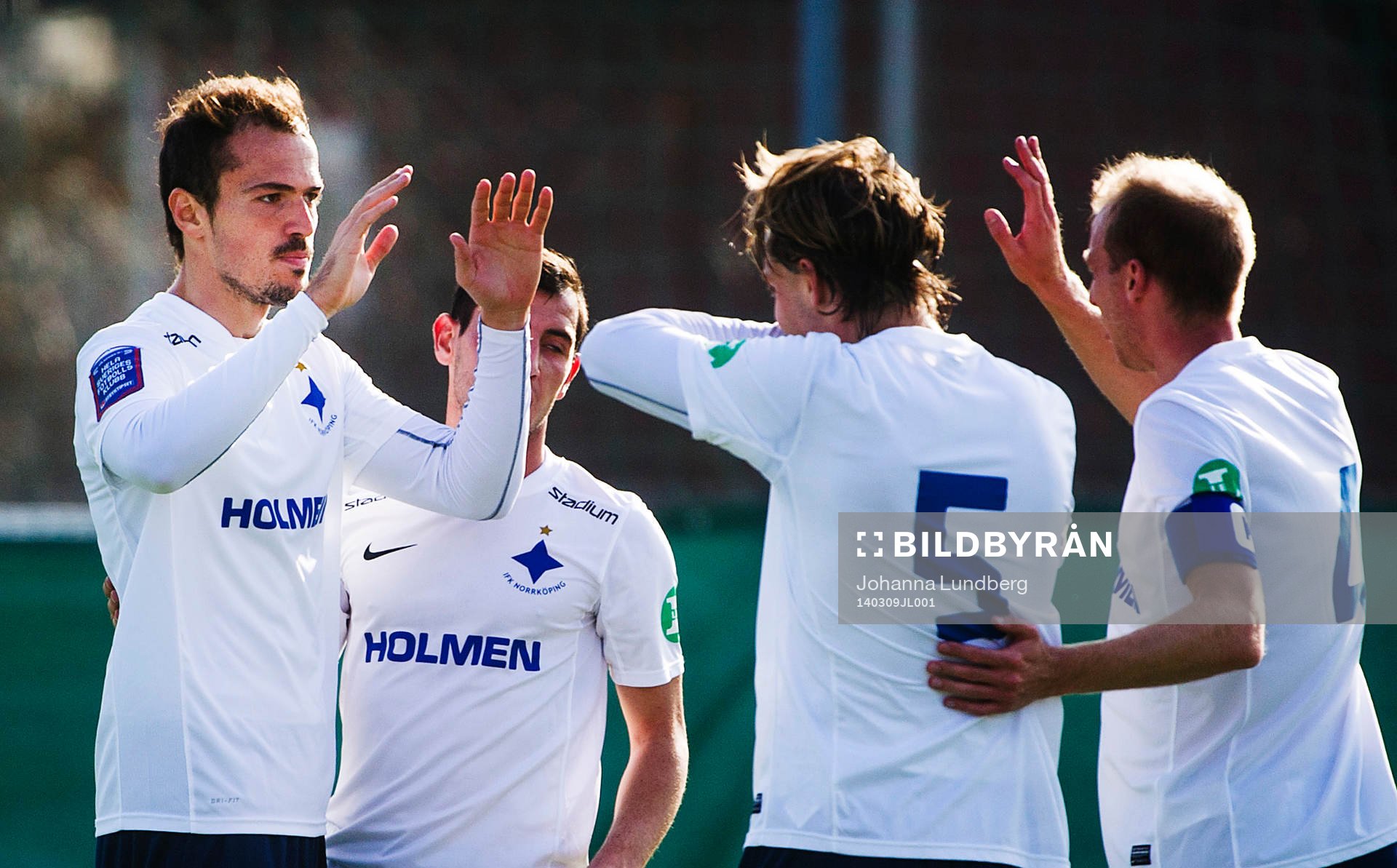 Norrköpings spelare jublar efter att Emir Kujović gjort 0-1 under fotbollsmatchen mellan AFC United och Norrköping i Svenska Cupen den 9 mars 2014 i Stockholm.