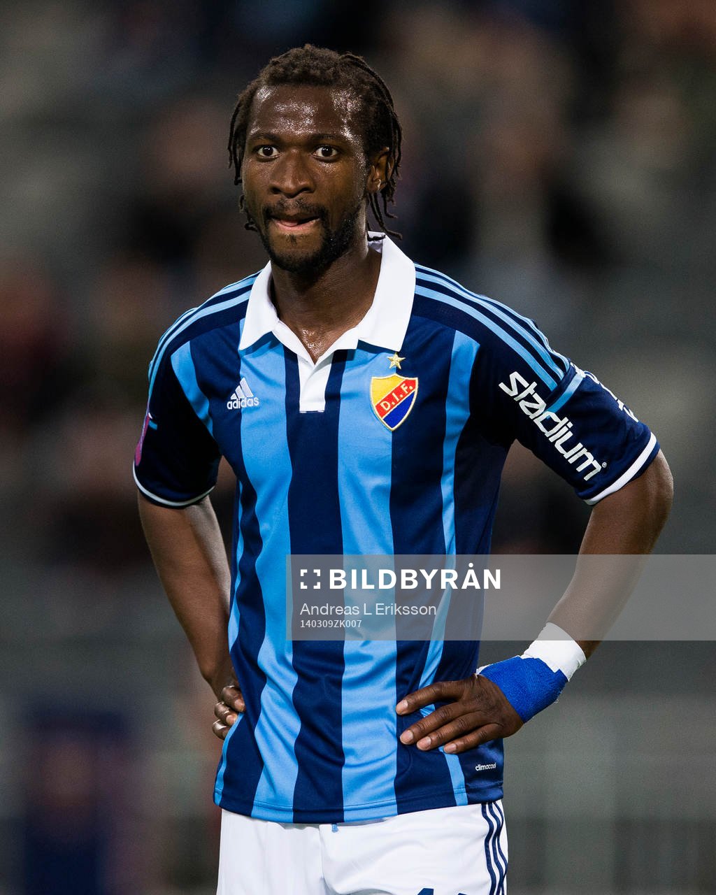 Djurgårdens Amadou Jawo under fotbollsmatchen mellan Djurgården och Assyriska i Svenska Cupen den 9 mars 2014 i Stockholm.