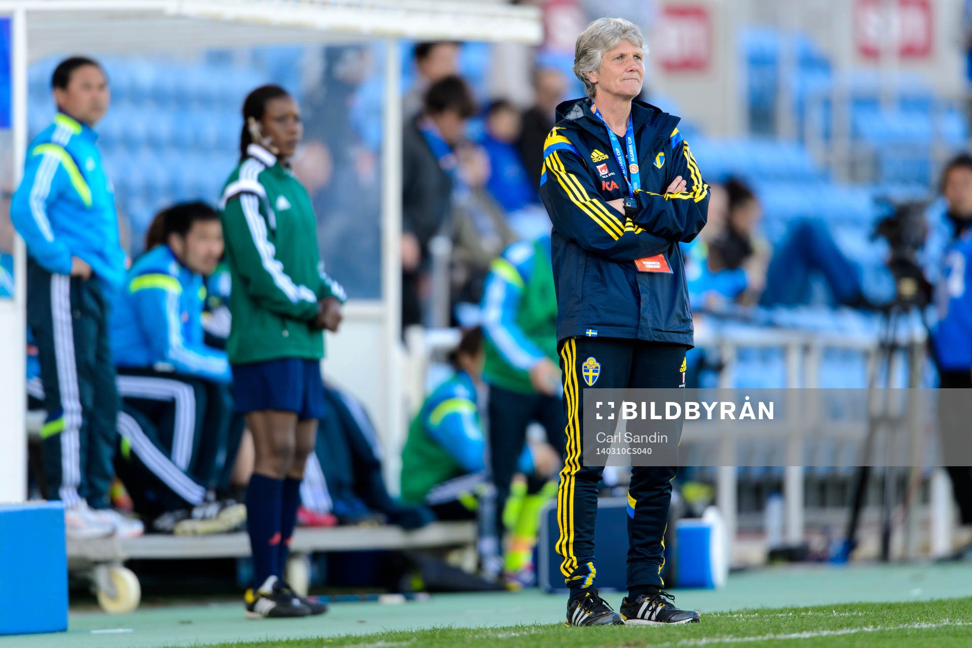 Sveriges förbundskapten Pia Sundhage under fotbollsmatchen mellan Japan och Sverige i Algarve Cup den 10 mars 2014.