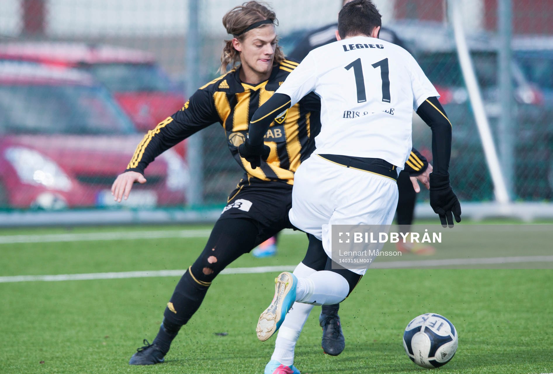 Hässleholms Linus Karlsson i träningsmatchen i fotboll mellan IFK Hässleholm och BW90 i Hässleholm 15 mars 2014.