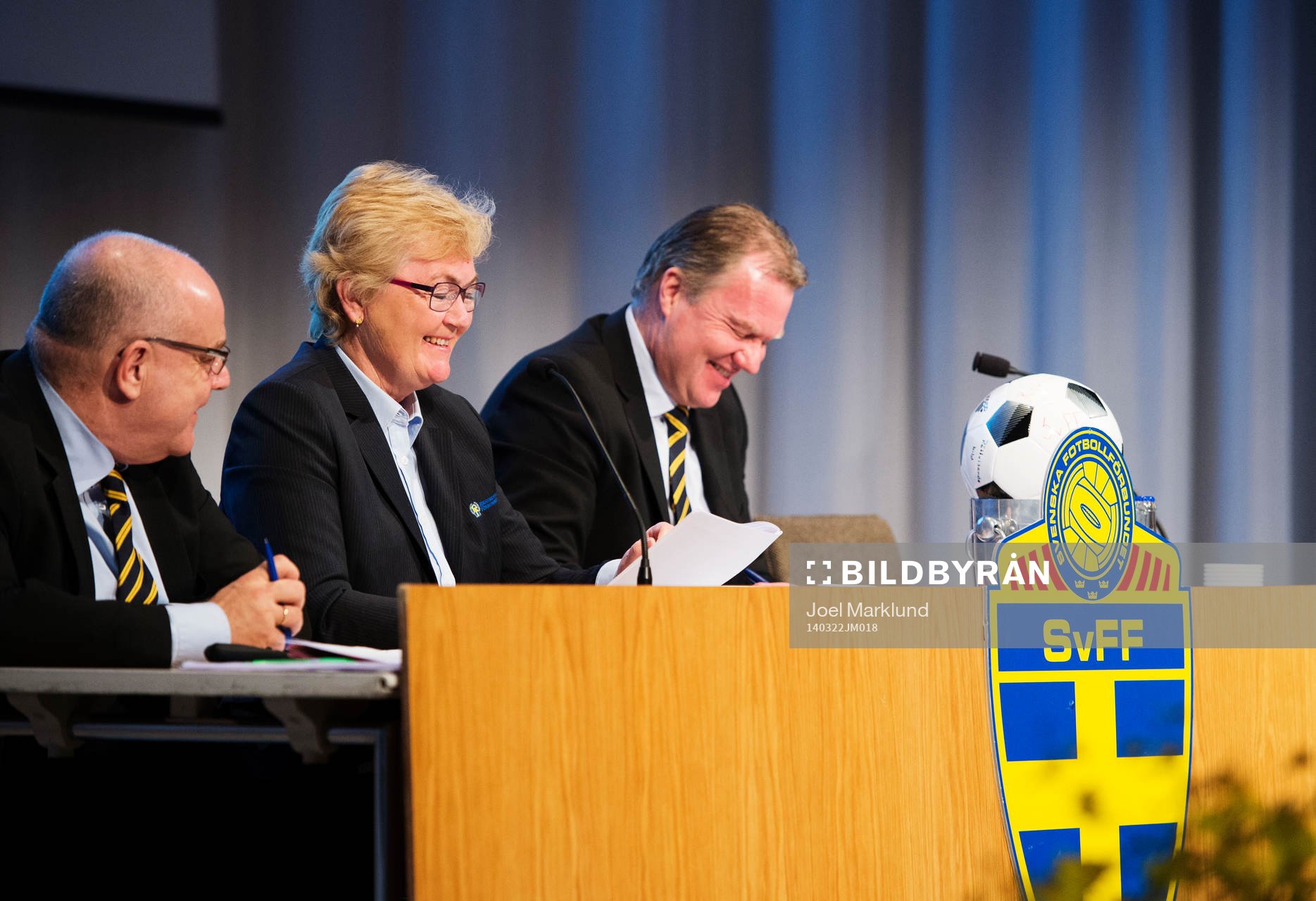 Mikael Santoft, generalsekreterare SvFF, Birgitta Ljung, generalsekreterare Riksidrottsförbundet, och Karl-Erik Nilsson, ordförande SvFF, under Svenska Fotbollförbundets årsmöte den 22 mars 2014 i Stockholm.