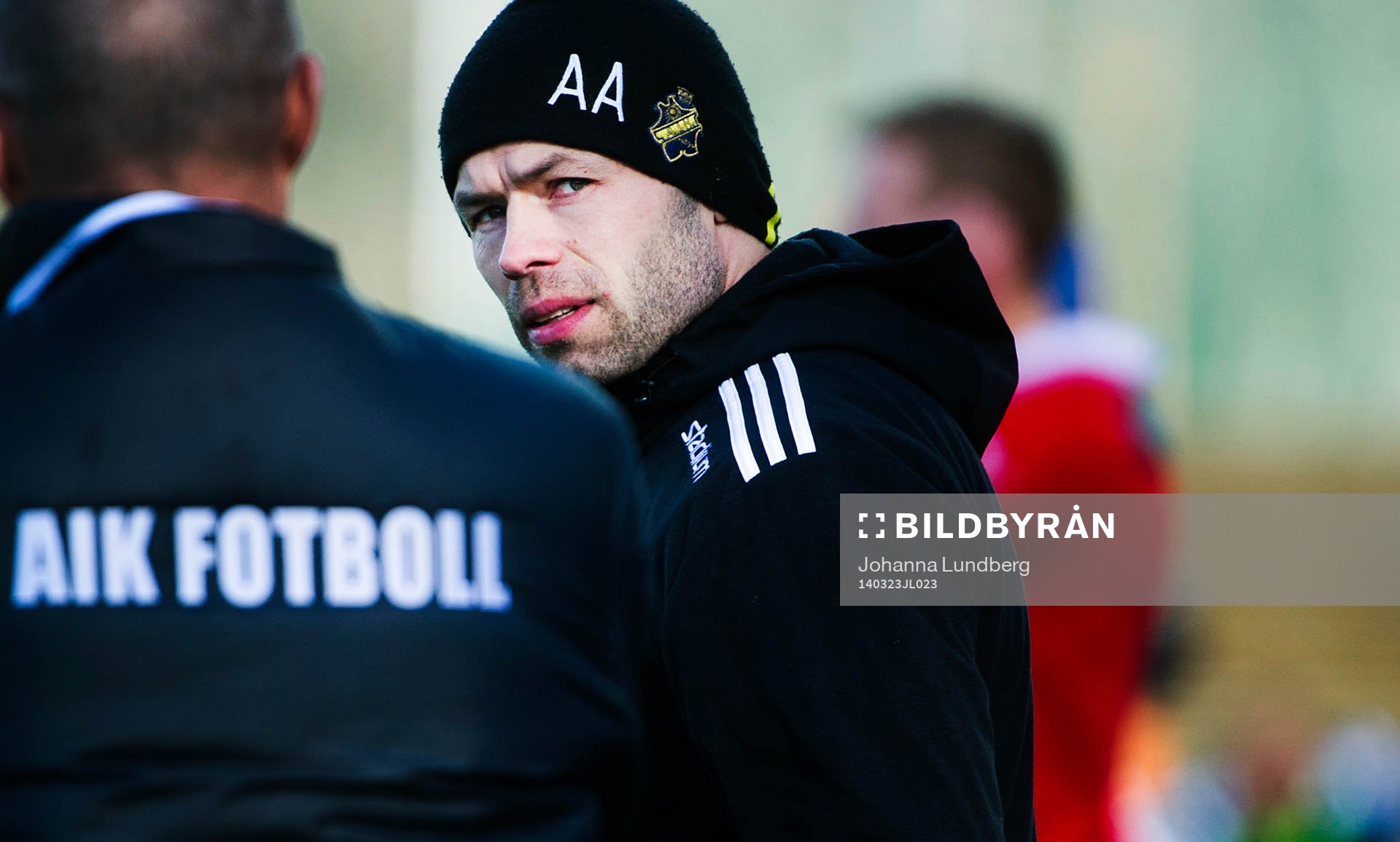 AIKs tränare Andreas Alm under en träningsmatch i fotboll mellan AIK och Kalmar den 23 mars 2014 i Stockholm.
