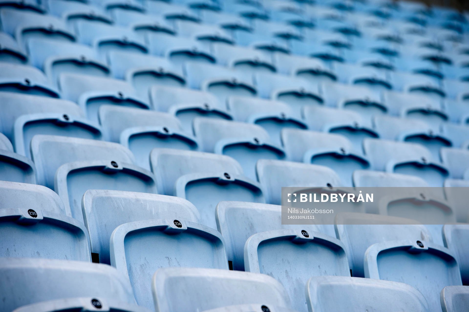 Tomma stolar på läktaren på Swedbank Stadion innan den allsvenska fotbollsmatchen mellan Malmö FF och Falkenberg den 30 mars 2014 i Malmö.