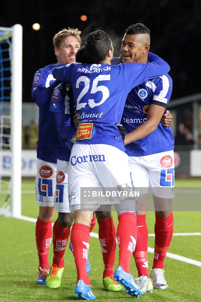 Åtvidabergs Ricardo Santos, Imad Zatara och Martin Christensen jublar efter mål 2-0 under fotbollsmatchen i allsvenskan mellan Åtvidaberg och Elfsborg den 31 <03< 2014 i Åtvidaberg.