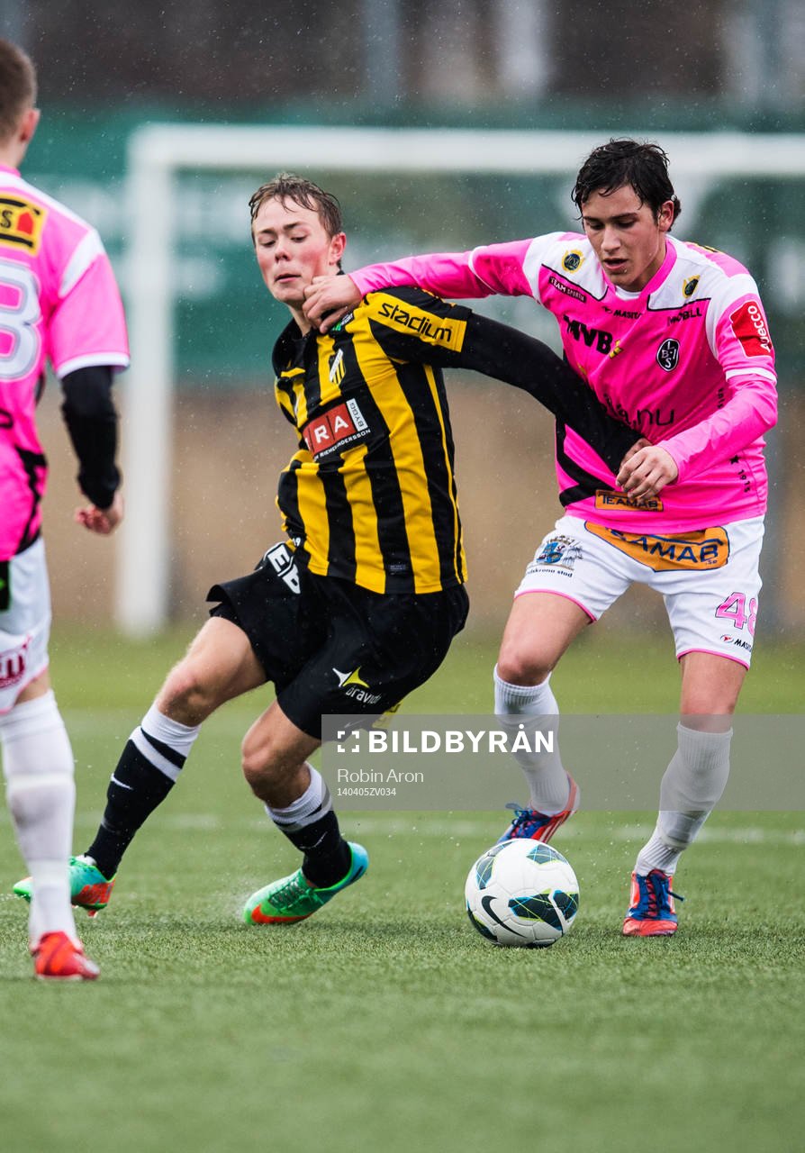 Häckens Joel Andersson i närkamp med Landskronas Lorent Shala i fotbollsmatchen mellan BK Häcken och Landskrona BoIS i U19 Allsvenskan Södra den 05 januari 2014 i Göteborg .