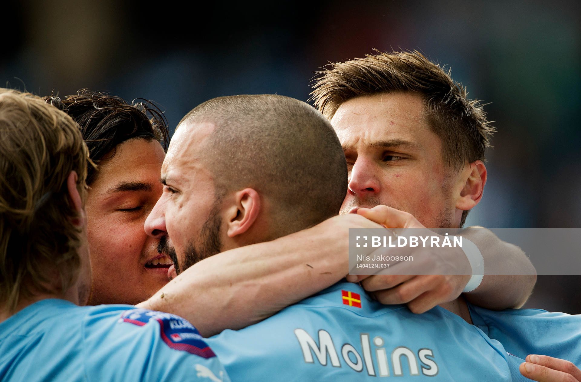 Malmö FFs Miiko Albornoz, Guillermo Molins, Markus Rosenberg jublar vid 1-0 under den allsvenska fotbollsmatchen mellan Malmö FF och Gefle den 12 april 2014 i Malmö.