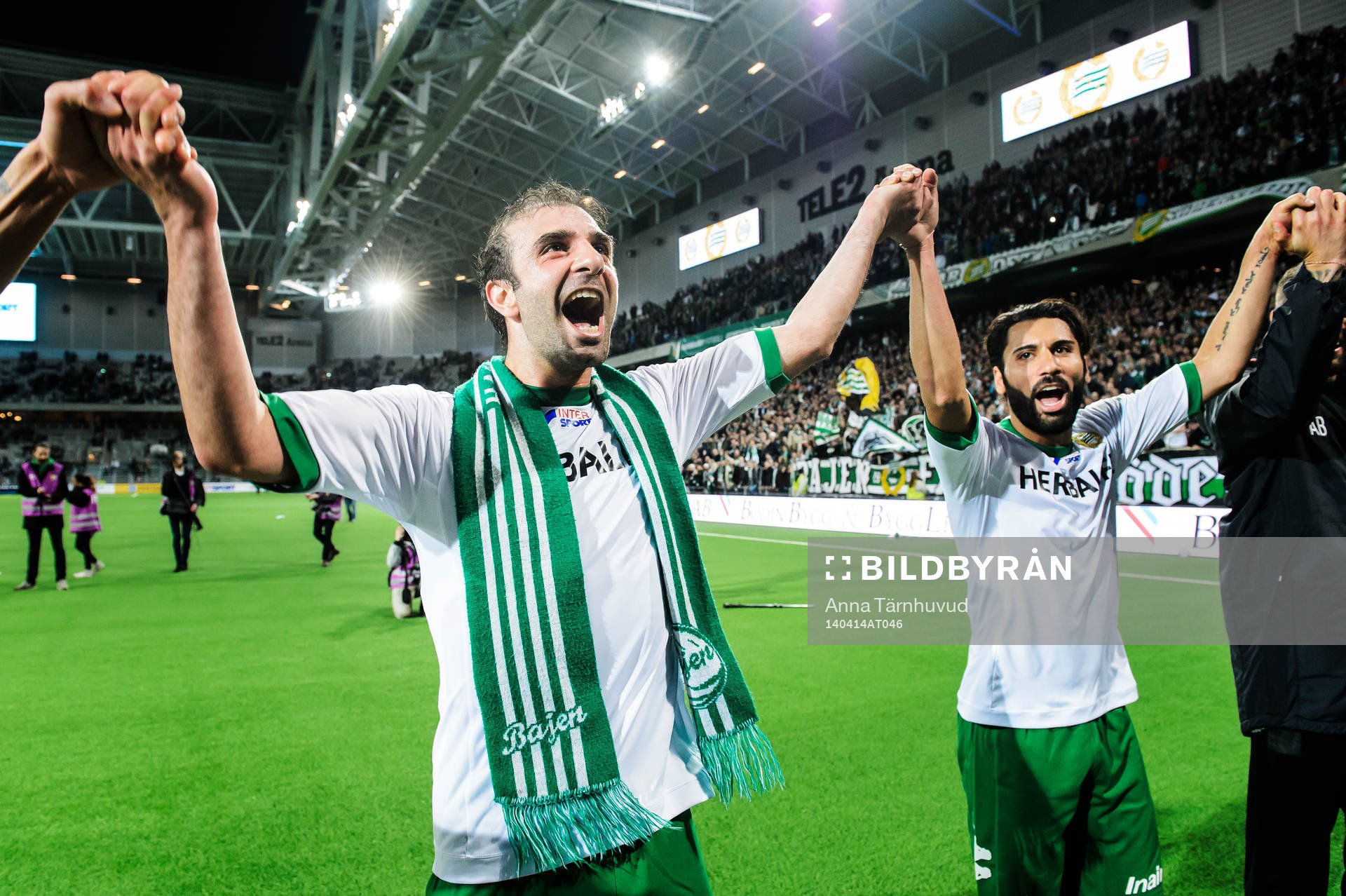 Hammarbys Kennedy Bakircioglü och Stefan Batan jublar efter 5-0 segern i fotbollsmatchen i Superettan mellan Hammarby och Degerfors den 14 april 2014.