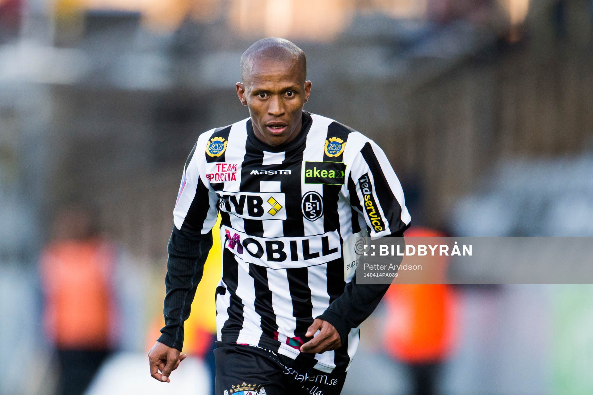 Landskronas Amethyst Bradley Ralani under fotbollsmatchen i Superettan mellan Landskrona BOIS och Ljungskile den 14 april 2014 i Landskrona.