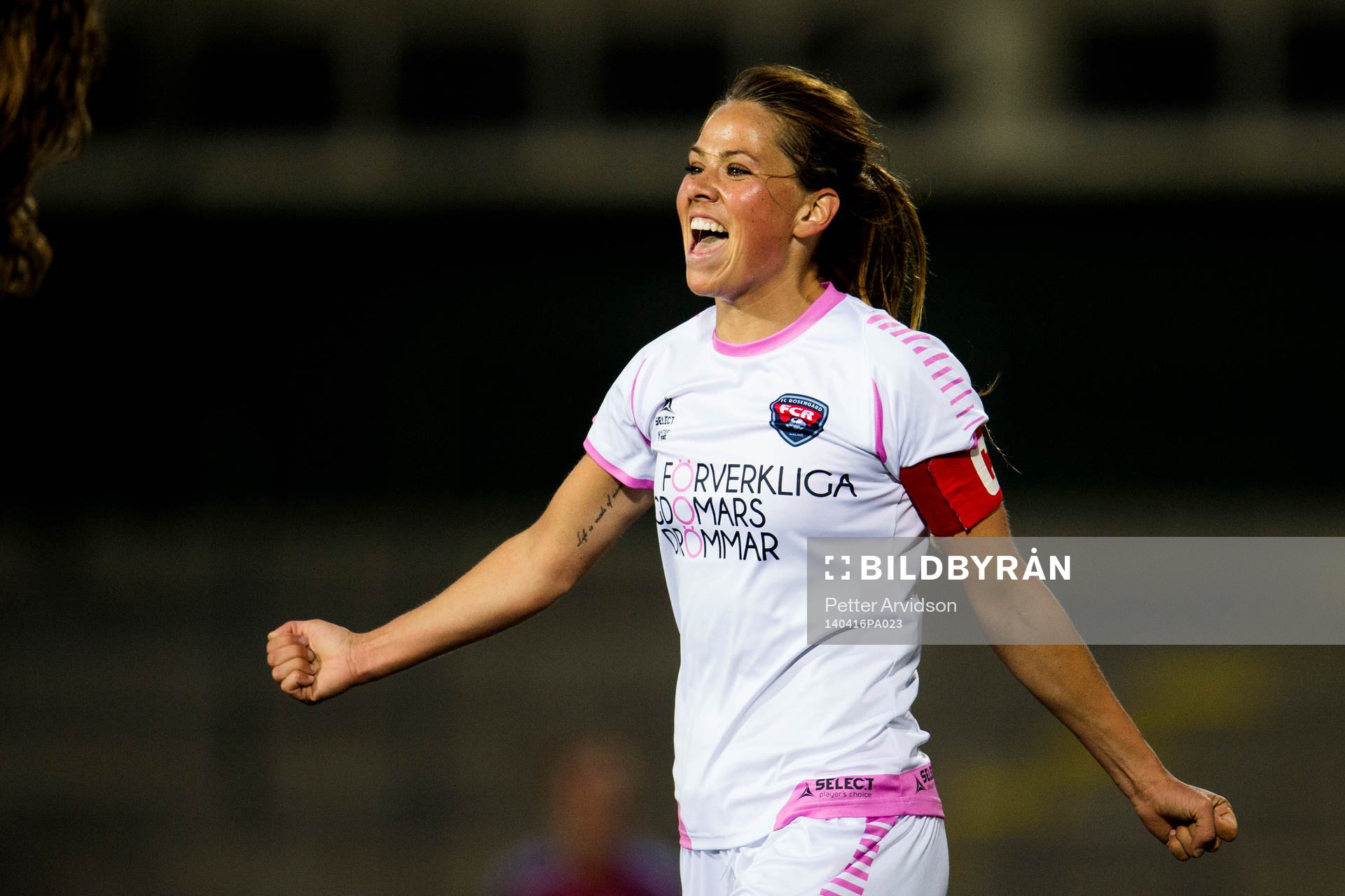 Rosengårds Sara Björk Gunnarsdottir jublar under fotbollsmatchen i Damallsvenskan mellan FC Rosengård och Vittsjö den 16 april 2014 i Malmö.
