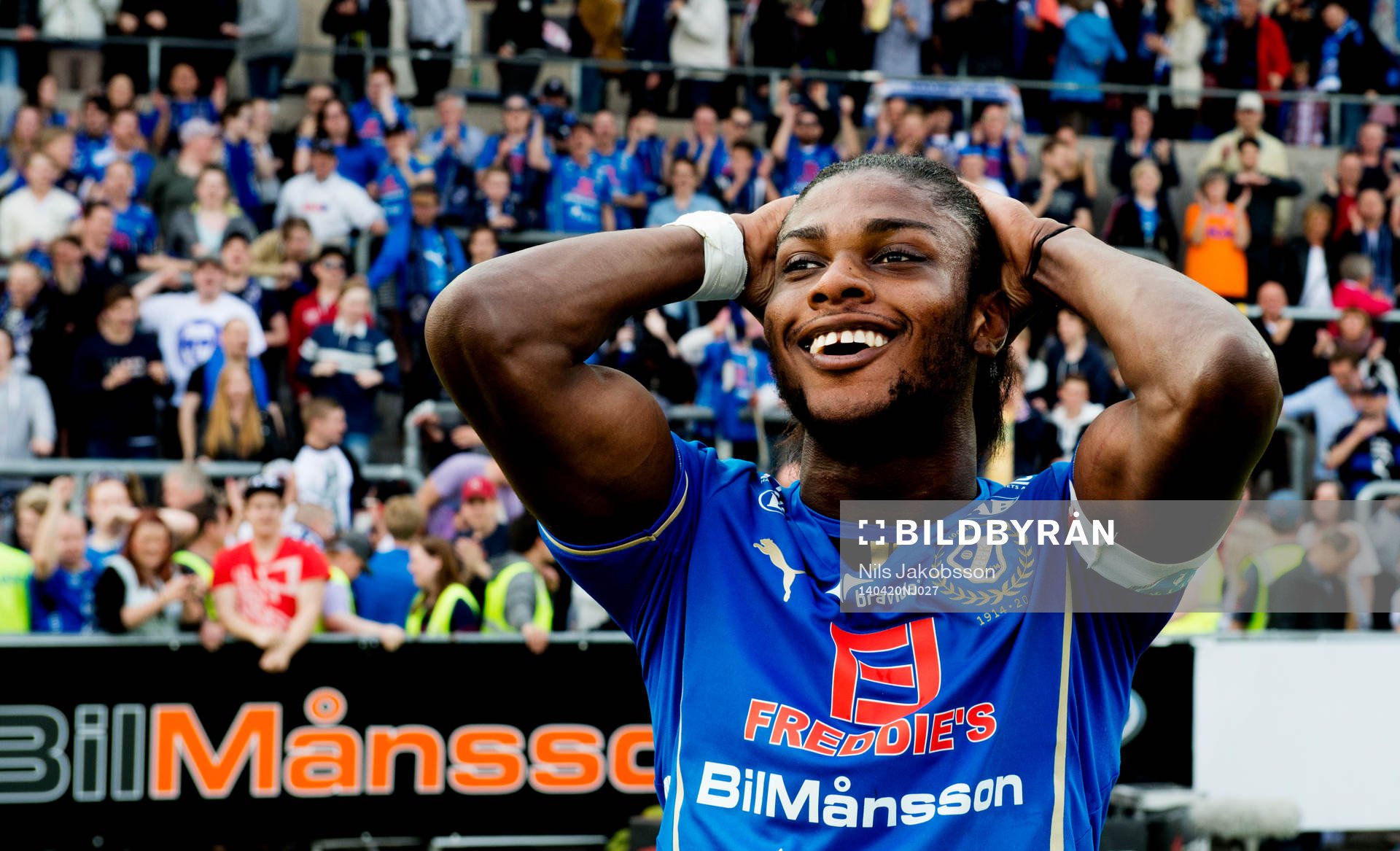 Halmstads Joseph Baffo under den allsvenska fotbollsmatchen mellan Halmstad och Helsingborg den 20 april 2014 i Halmstad.