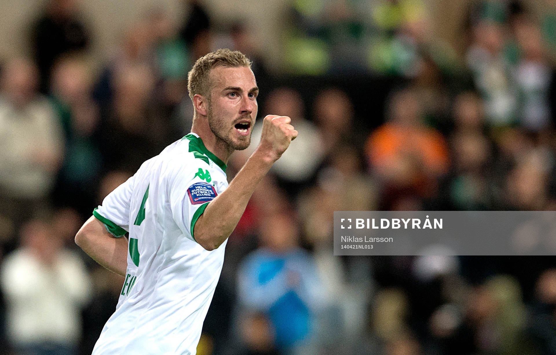 Hammarbys Daniel Theorin jublar under fotbollsmatchen i Superettan mellan Hammarby och Ängelholm 21 april 2014 i Stockholm.