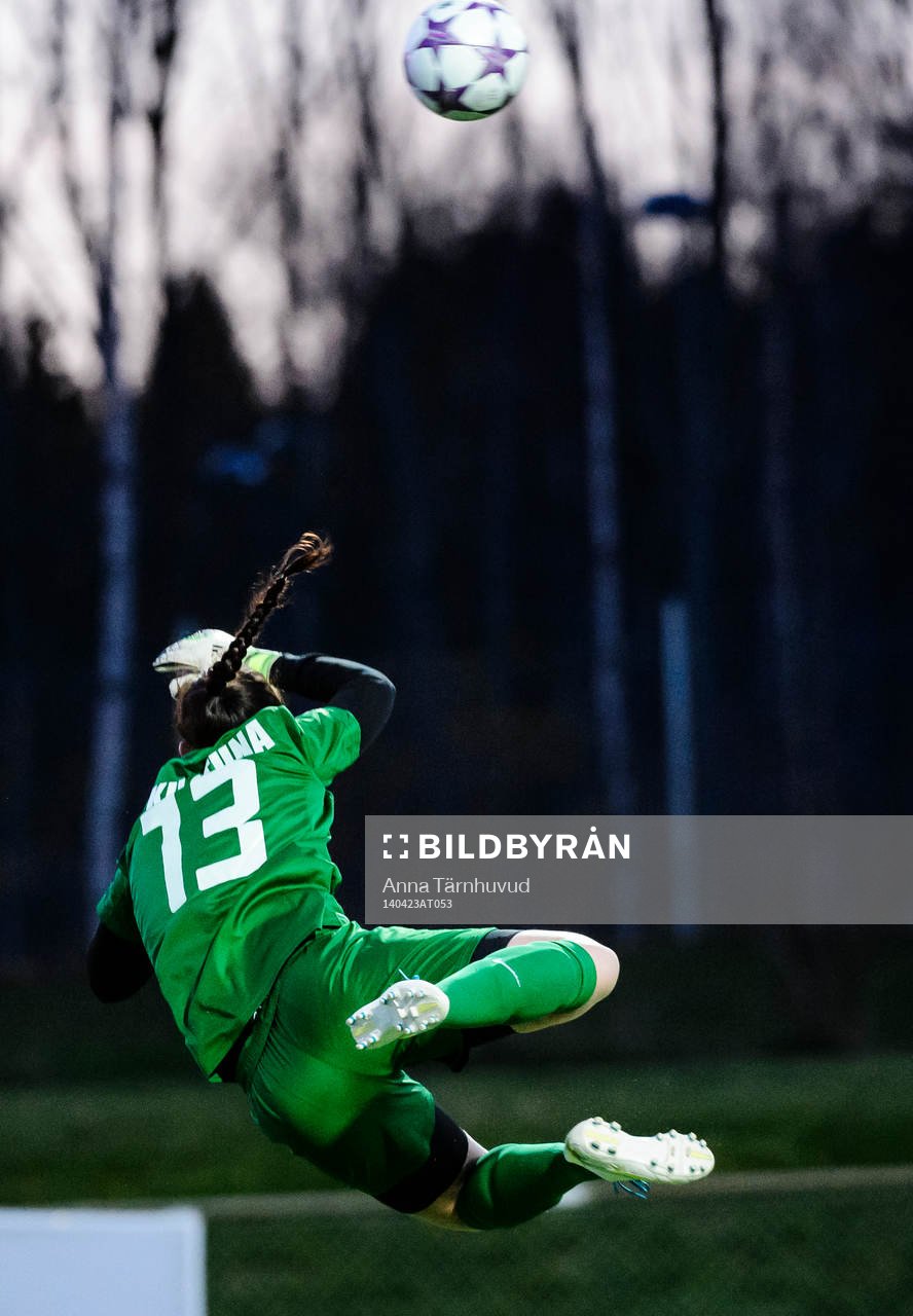 Eskilstunas målvakt Emelie Almesjö hoppar efter bollen under fotbollsmatchen i Damallsvenskan mellan Tyresö och Eskilstuna den 23 april 2014.