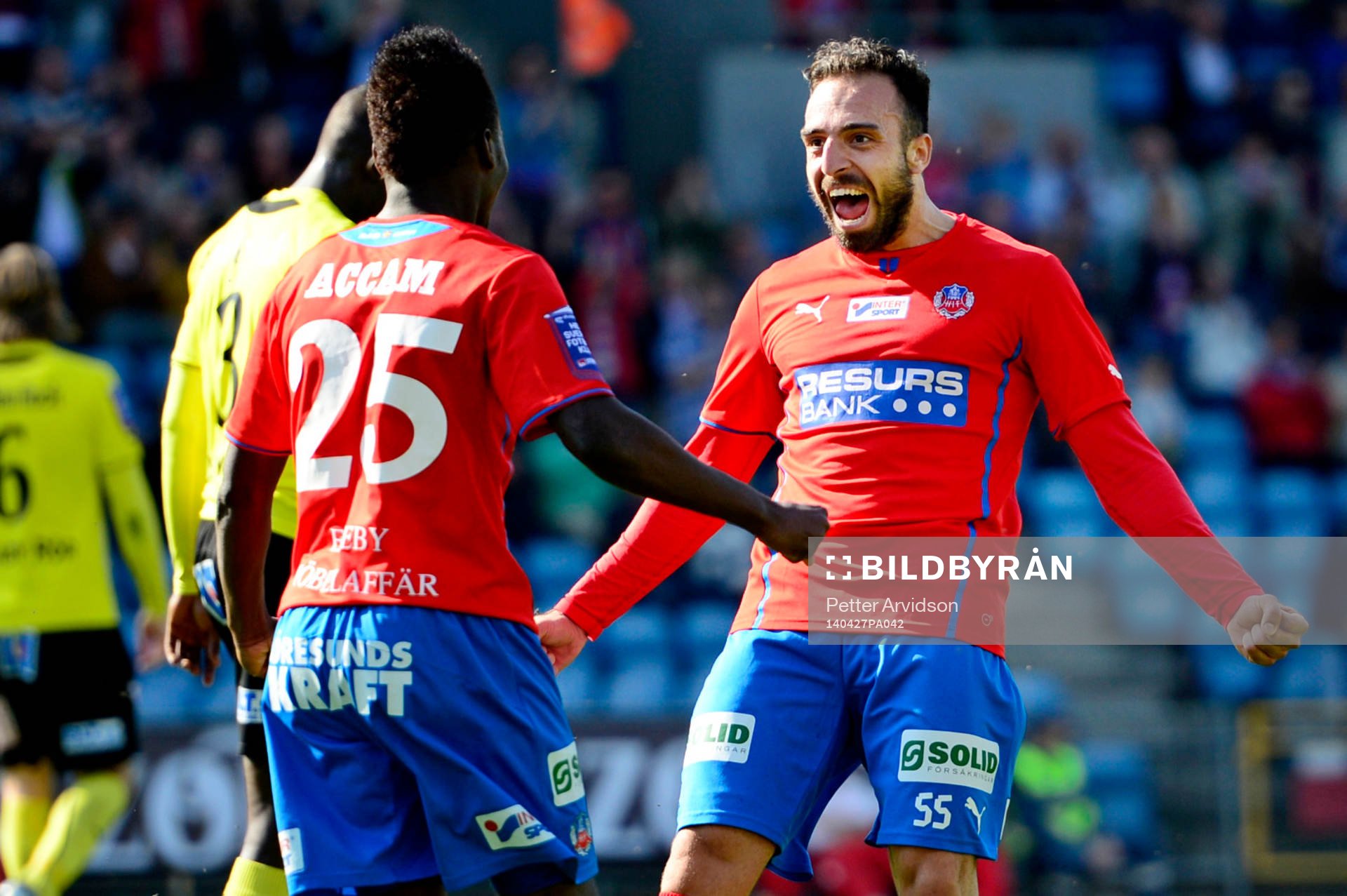 Helsingborgs David Accam jublar med Abdul Khalili efter han gjort 2-0 under den allsvenska fotbollsmatchen mellan Helsingborg och Mjällby den 27 april 2014 i Helsingborg.