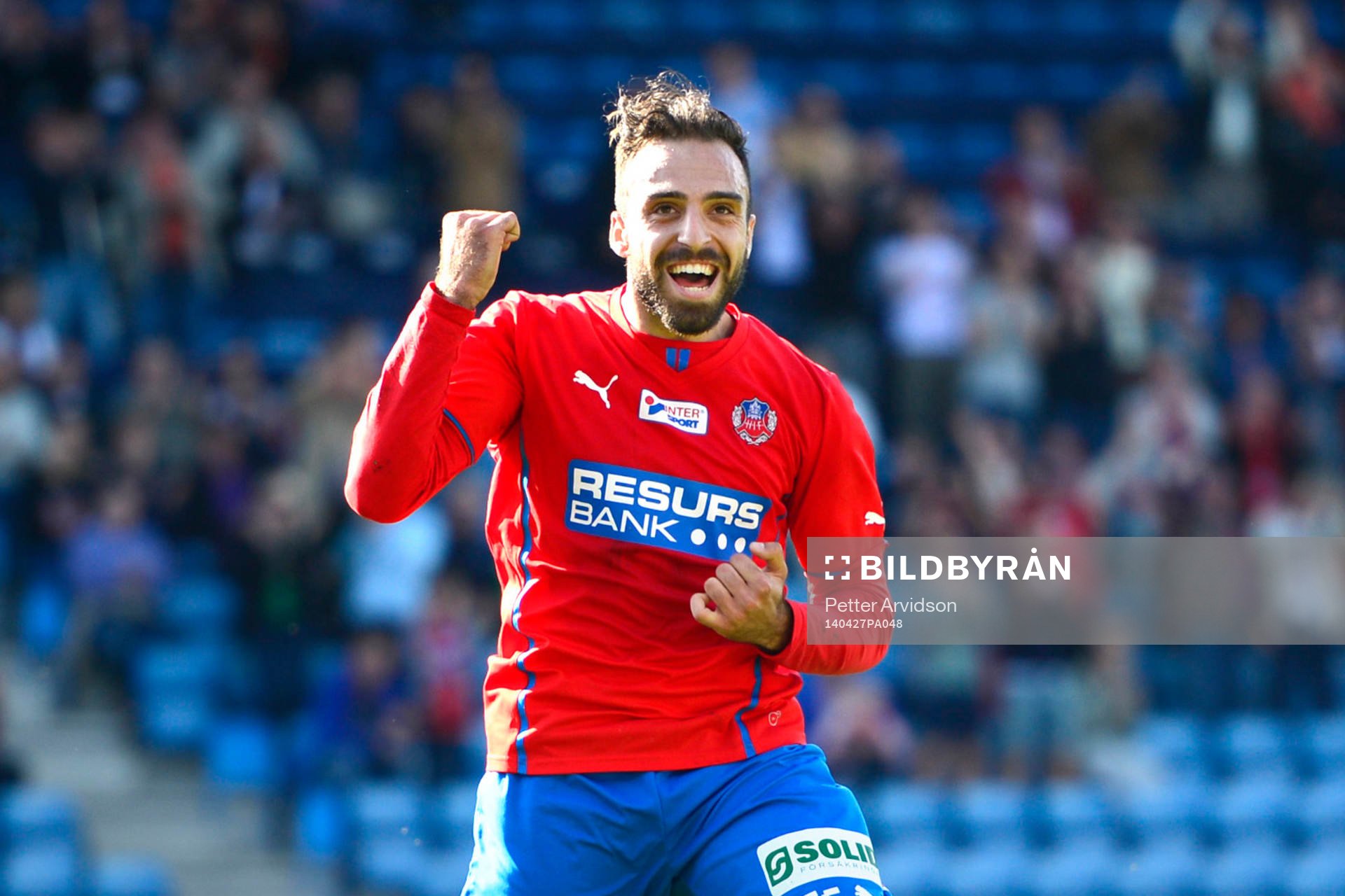 Helsingborgs Abdul Khalili jublar efter att han gjort 3-1 under den allsvenska fotbollsmatchen mellan Helsingborg och Mjällby den 27 april 2014 i Helsingborg.
