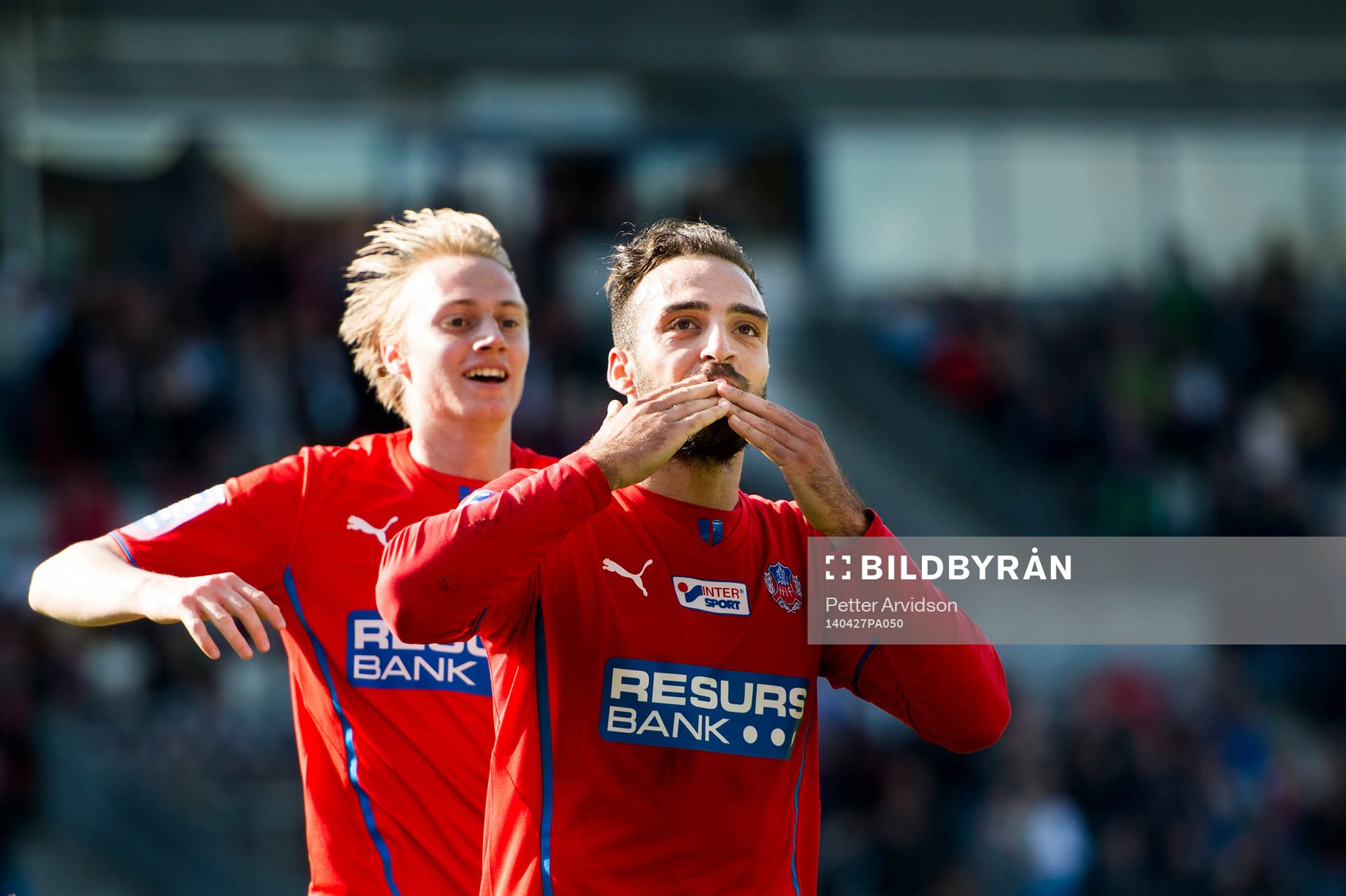 Helsingborgs Abdul Khalili och Måns Ekvall jublar efter 3-1 under den allsvenska fotbollsmatchen mellan Helsingborg och Mjällby den 27 april 2014 i Helsingborg.
