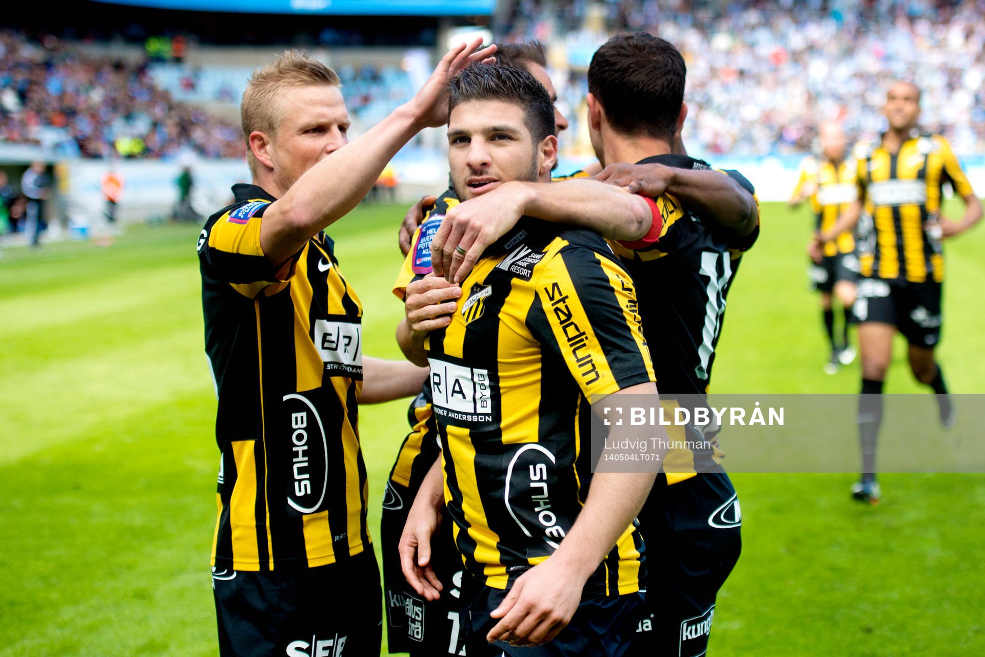 Häckens Moestafa El Kabir firas efter han gjort 0-2 under matchen i Allsvenskan mellan Malmö FF och Häcken den 4 maj 2014 i Malmö. 