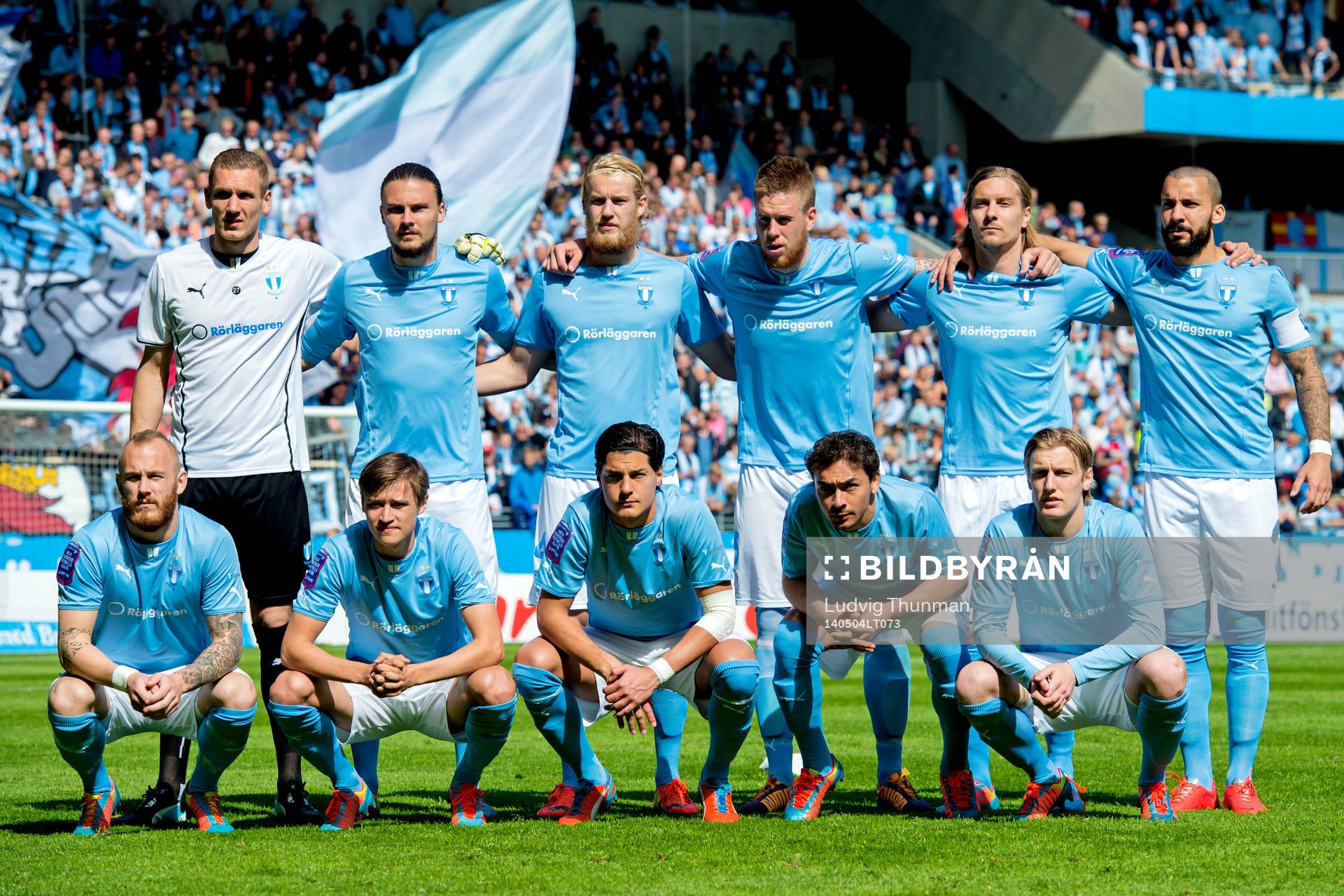 Malmö FFs målvakt Robin Olsen, Erik Johansson, Filip Helander, Pontus Jansson, Markus Halsti, Guillermo Molins, Magnus Eriksson, Simon Thern, Miiko Albornoz, Ricardo Ferreira, Emil Forsberg under matchen i Allsvenskan mellan Malmö FF och Häcken den 4 maj 2014 i Malmö.
