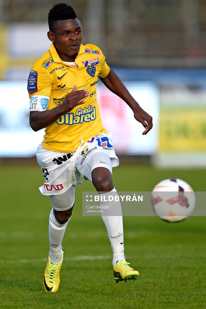 Falkenbergs Godsway Donyoh under fotbollsmatchen i Allsvenskan mellan Falkenberg och Gefle den 5 maj 2014 i Falkenberg.