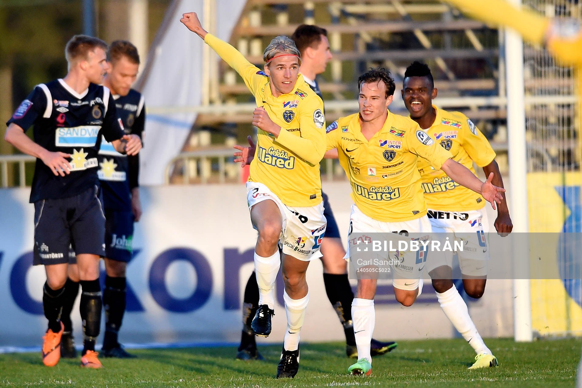 Falkenbergs Carl-Oscar Andersson jublar med lagkamraterna efter han gjort 1-1 under fotbollsmatchen i Allsvenskan mellan Falkenberg och Gefle den 5 maj 2014 i Falkenberg.