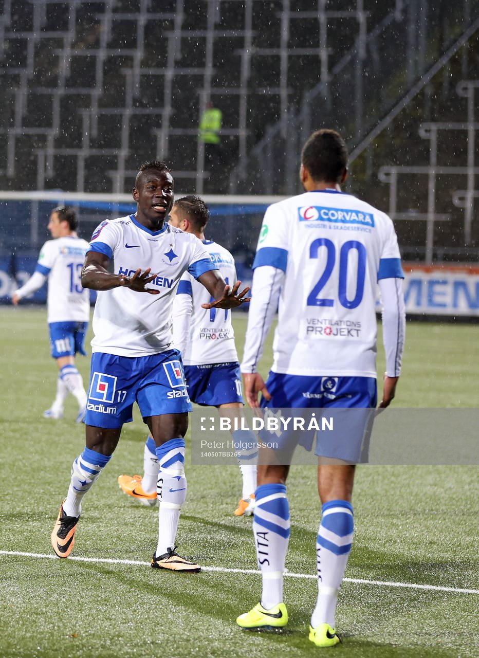 Jubel efter mål 2-1 av Norrköpings Alhaji Kamara under fotbollsmatchen i allsvenskan mellan Norrköping och Åtvidaberg den 07 maj 2014 i Norrköping.
