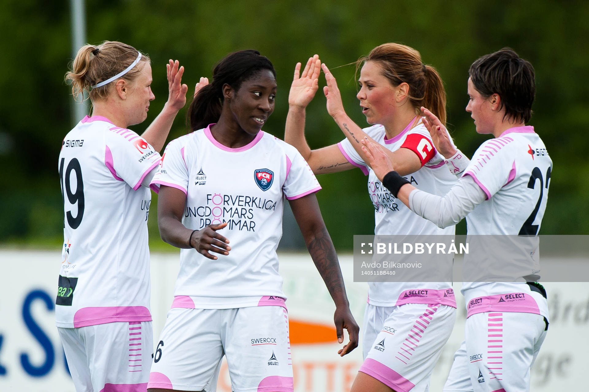 Rosengårds Anita Asante, Katrin Schmidt, Sara Björk Gunnarsdottir och Katleen Radtke jublar efter fotbollsmatchen i Damallsvenskan mellan Kristianstad och Rosengård den 11 maj 2014 i Kristianstad