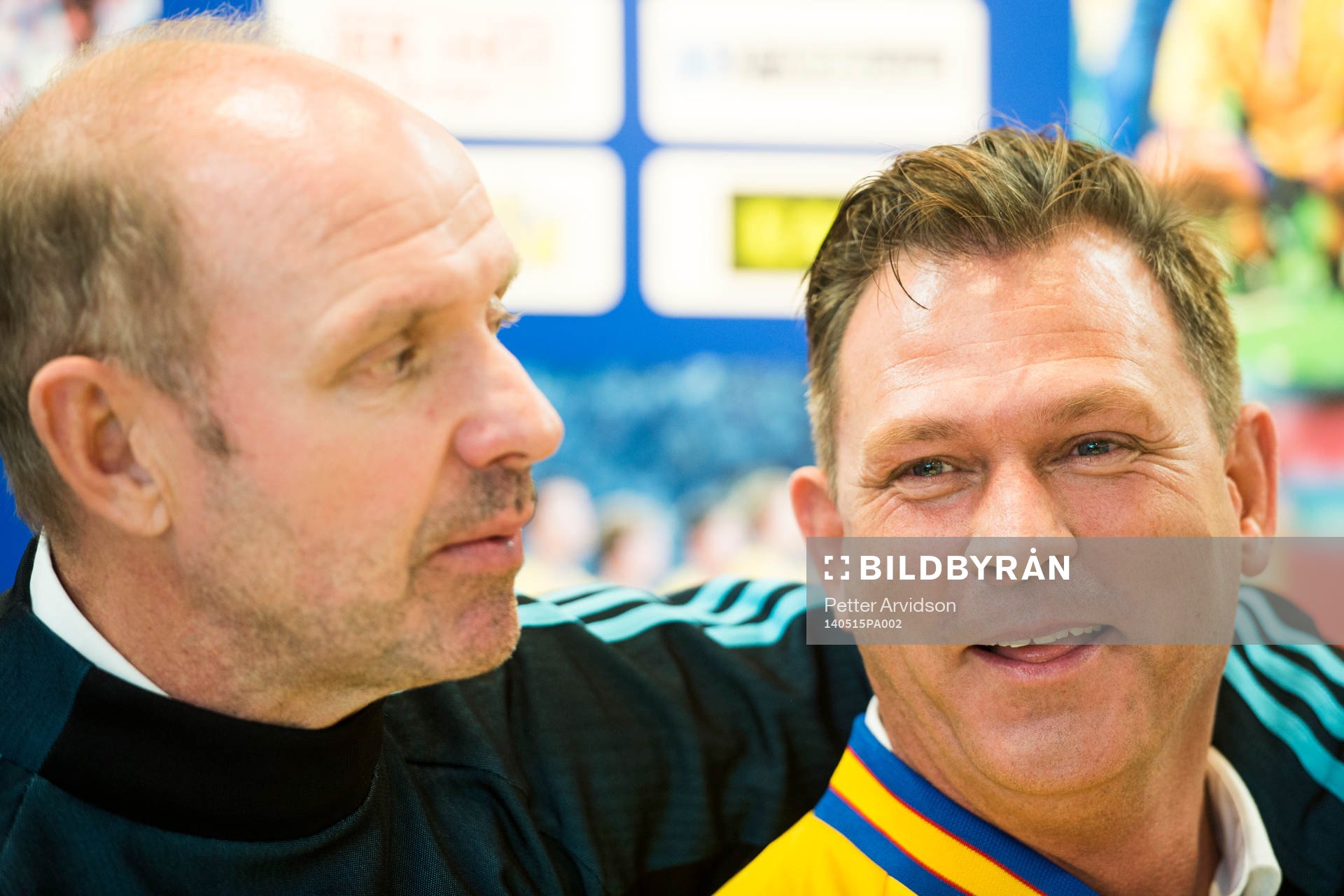 Thomas Ravelli och Pontus Kåmark under en presskonferens den 15 maj 2014 i Båstad med anledning av den jubileumsmatch som det svenska bronslaget från VM 1994 ska spela den 29 juni i Båstad.