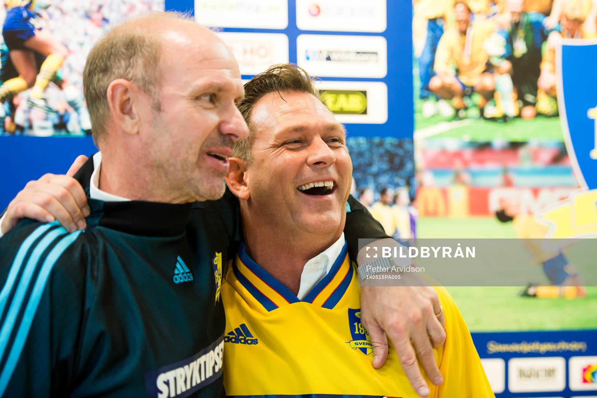 Thomas Ravelli och Pontus Kåmark under en presskonferens den 15 maj 2014 i Båstad med anledning av den jubileumsmatch som det svenska bronslaget från VM 1994 ska spela den 29 juni i Båstad.