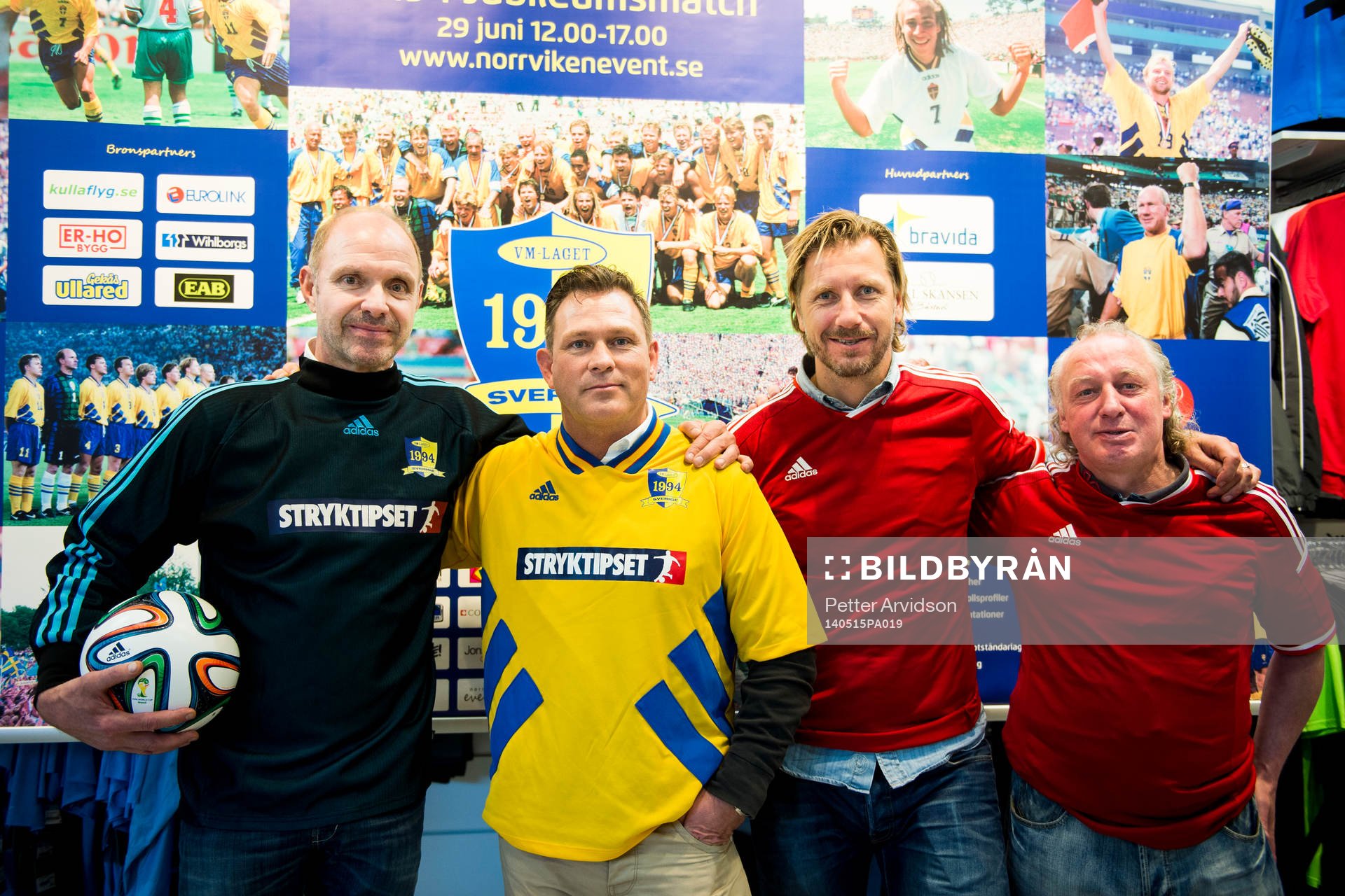 Thomas Ravelli, Pontus Kåmark, Jesper Jansson och Robert Prytz under en presskonferens den 15 maj 2014 i Båstad med anledning av den jubileumsmatch som det svenska bronslaget från VM 1994 ska spela den 29 juni i Båstad.