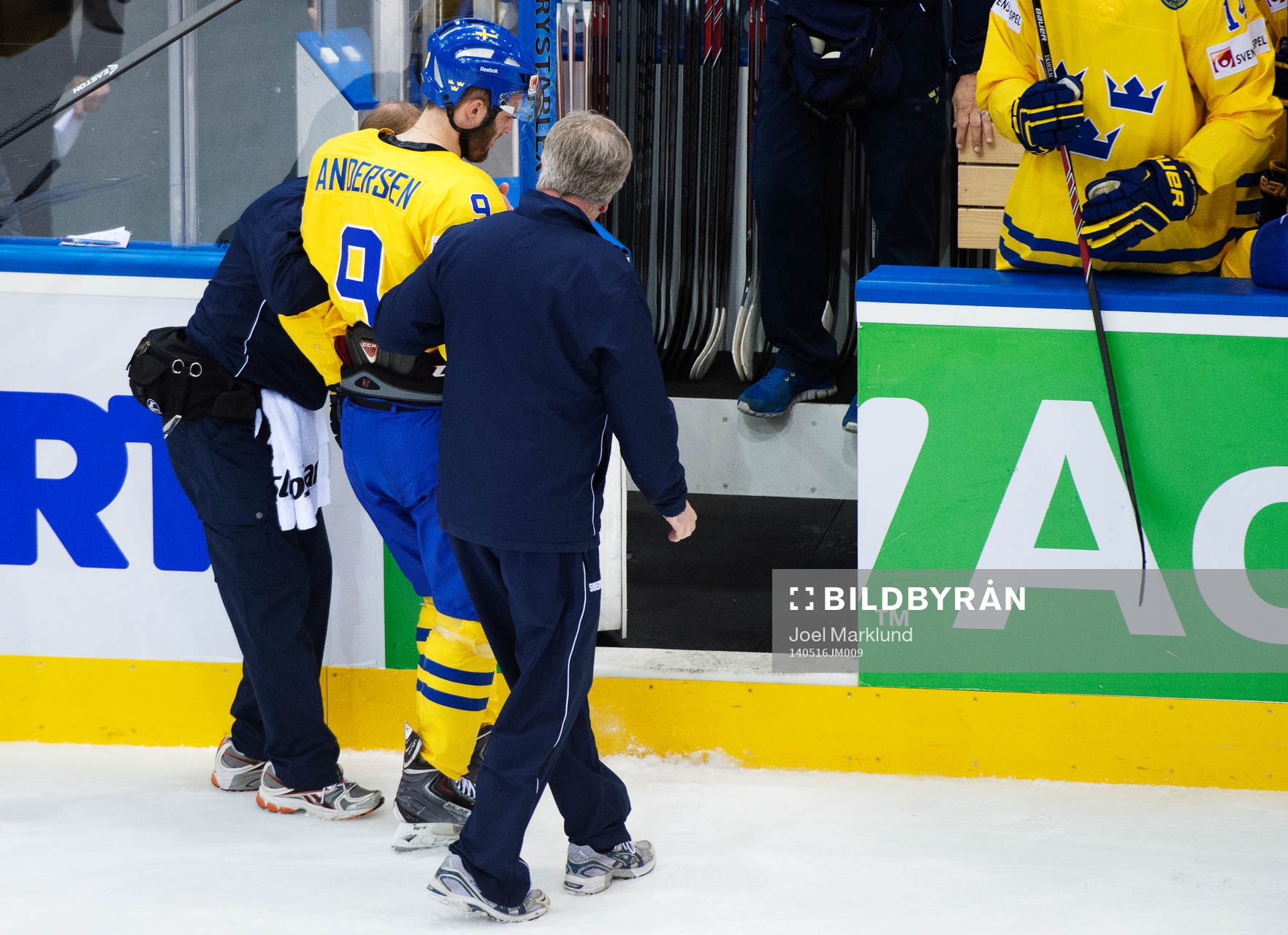 Sveriges Niclas Andersén får hjälp att ta sig av isen