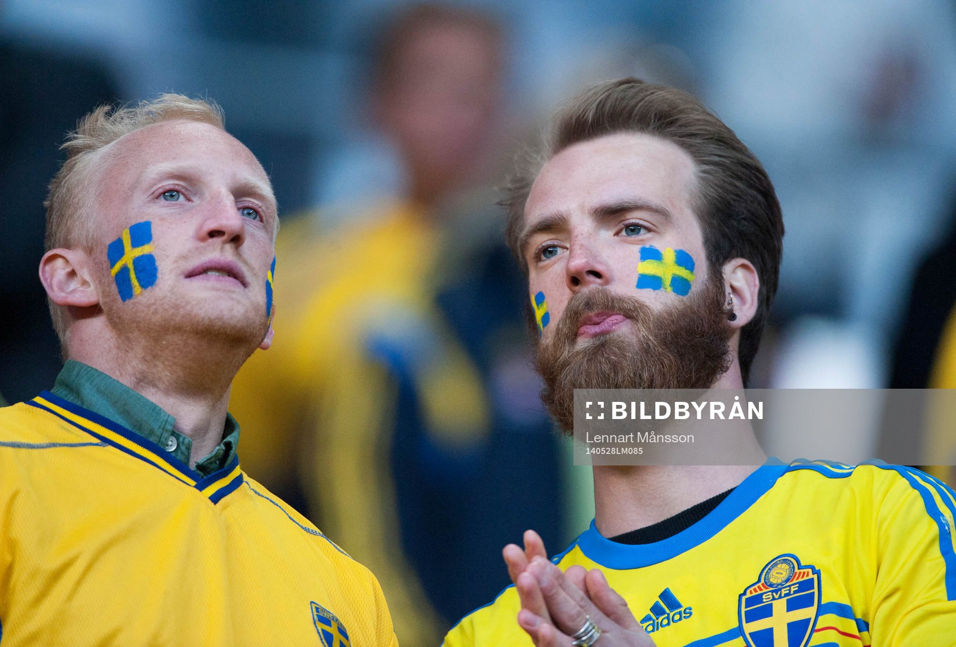  Svenska supporters i landskampen mellan Danmark och Sverige i Köpenhamn 28 maj  2014.