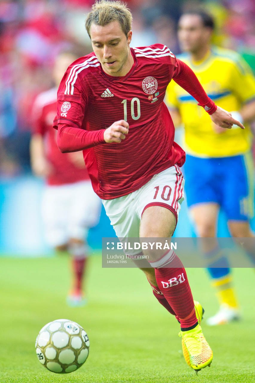 Danmarks Christian Eriksen under landskampen i fotboll mellan Danmark och Sverige den 28 maj 2014 i Köpenhamn. 